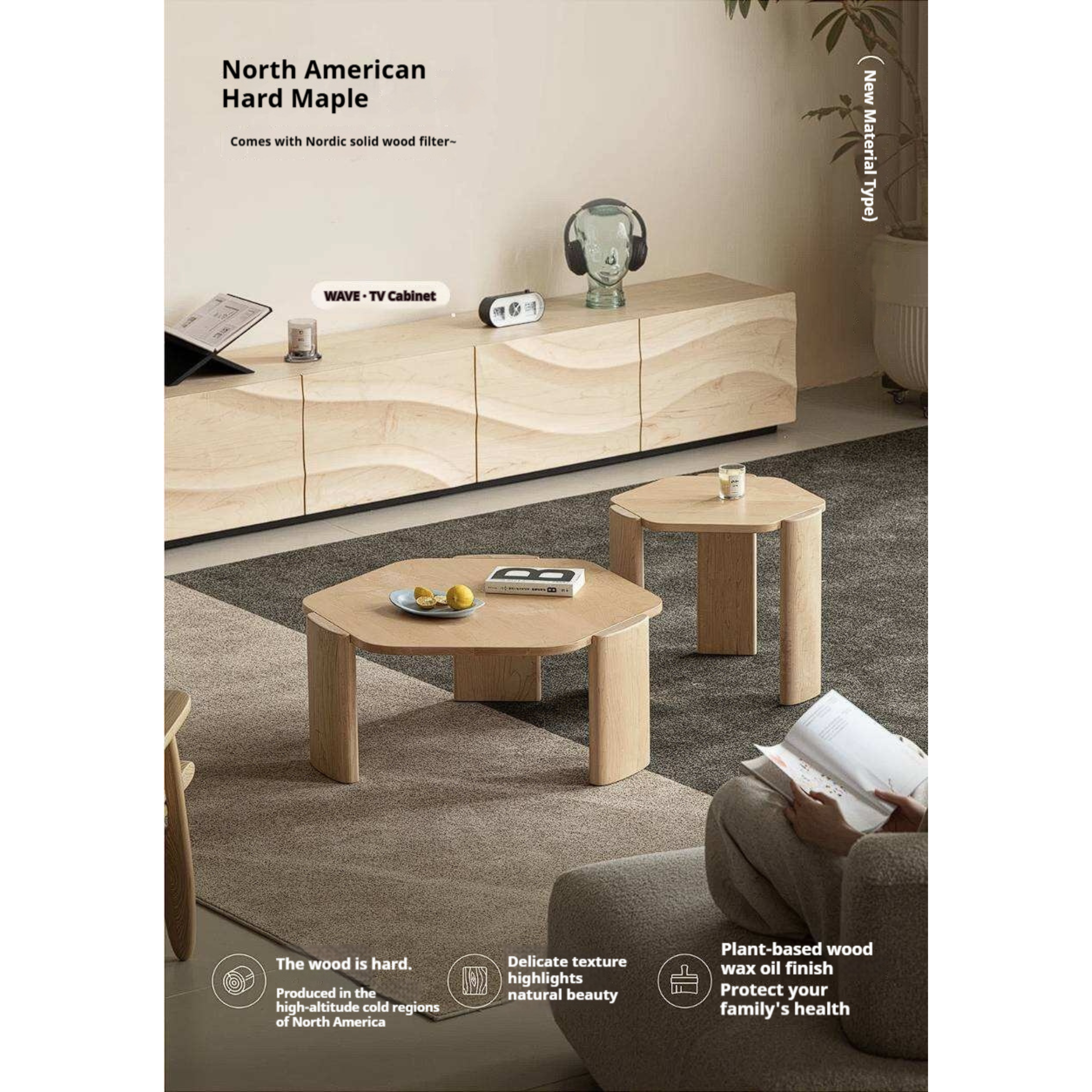 Maple Solid Wood Organic-Shape Nesting Coffee Table Set