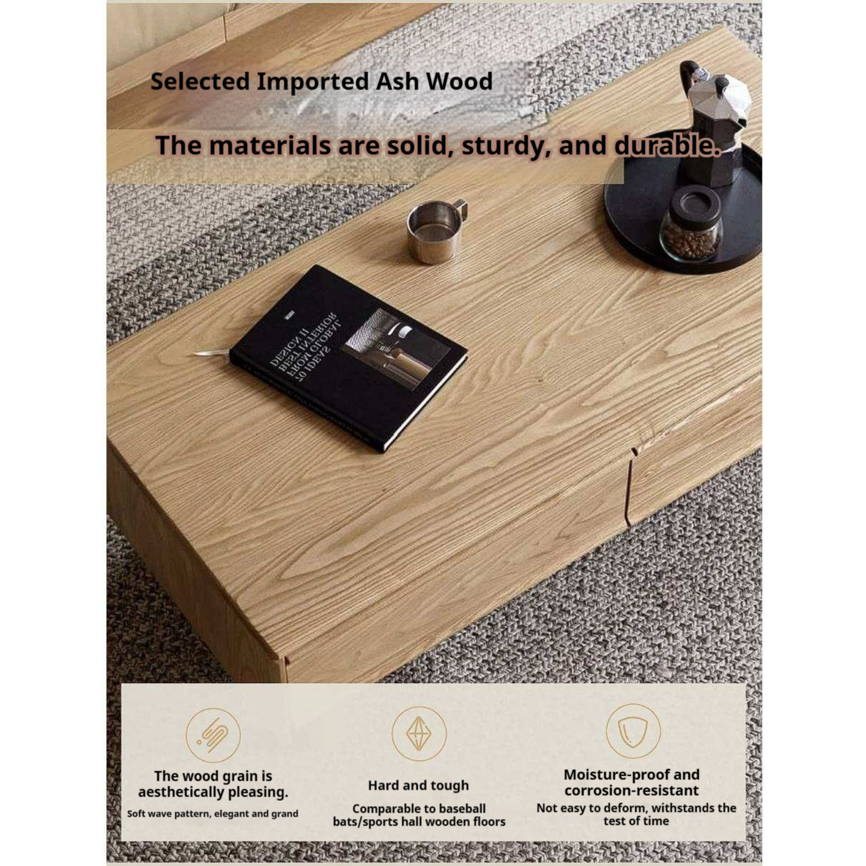 Ash Solid Wood Coffee Table with Beveled Edge, Two Drawers, Tapered Legs