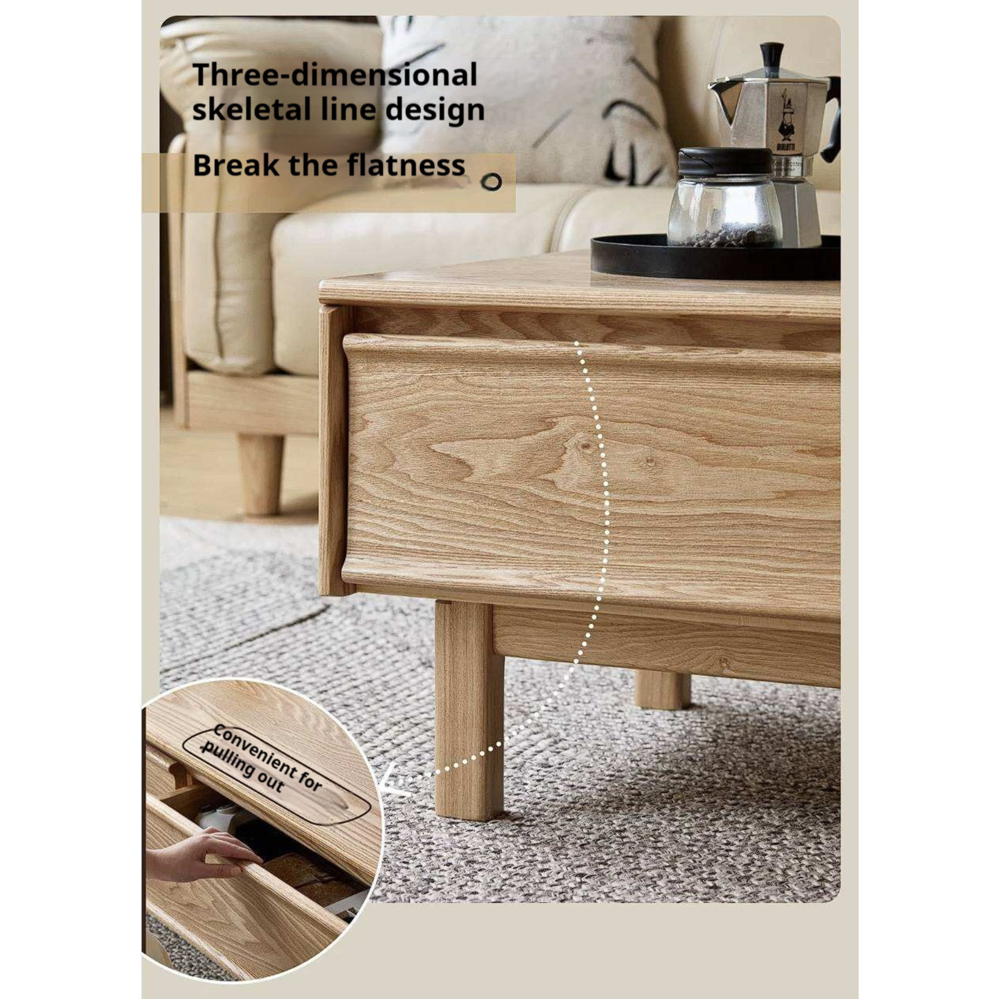 Ash Solid Wood Coffee Table with Beveled Edge, Two Drawers, Tapered Legs