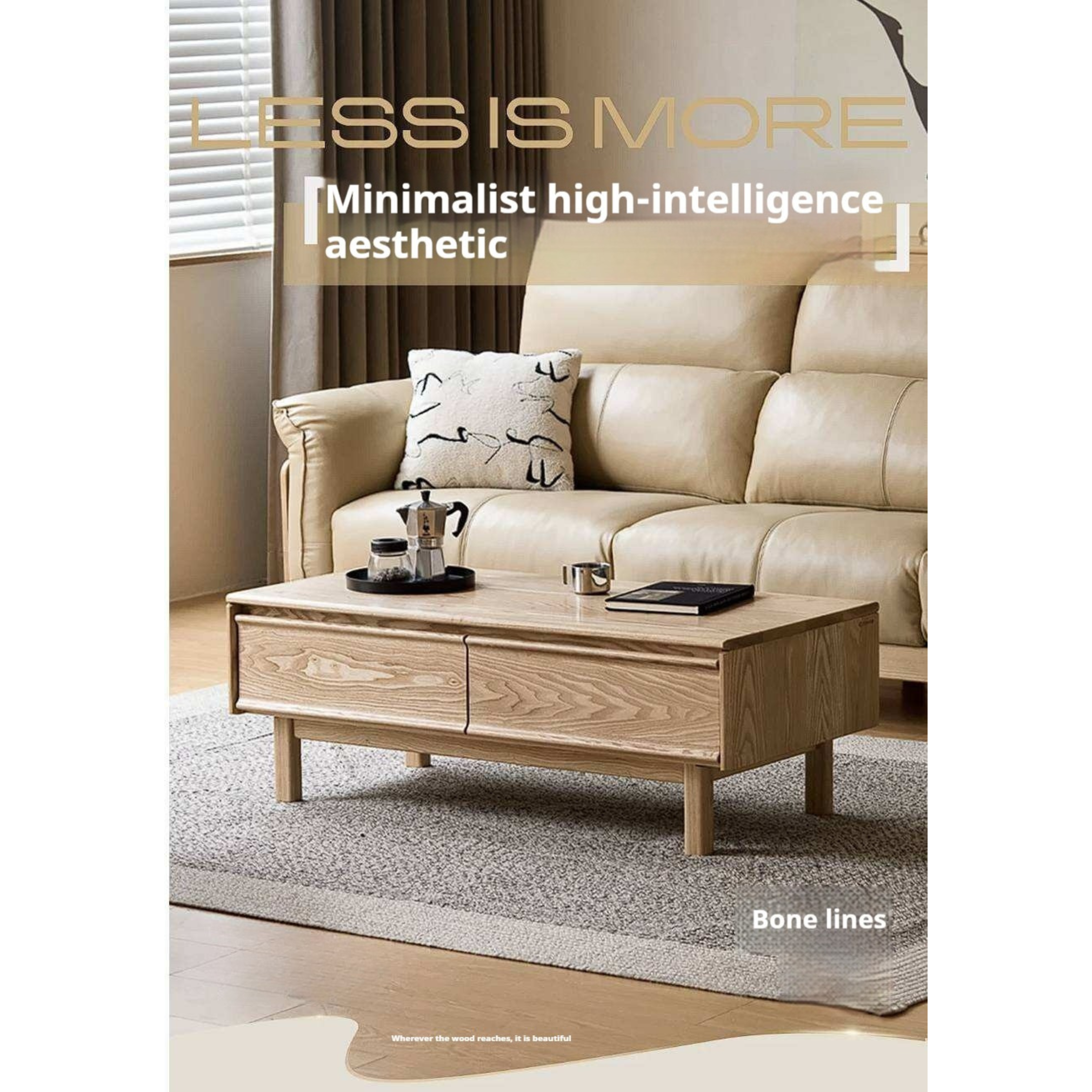 Ash Solid Wood Coffee Table with Beveled Edge, Two Drawers, Tapered Legs