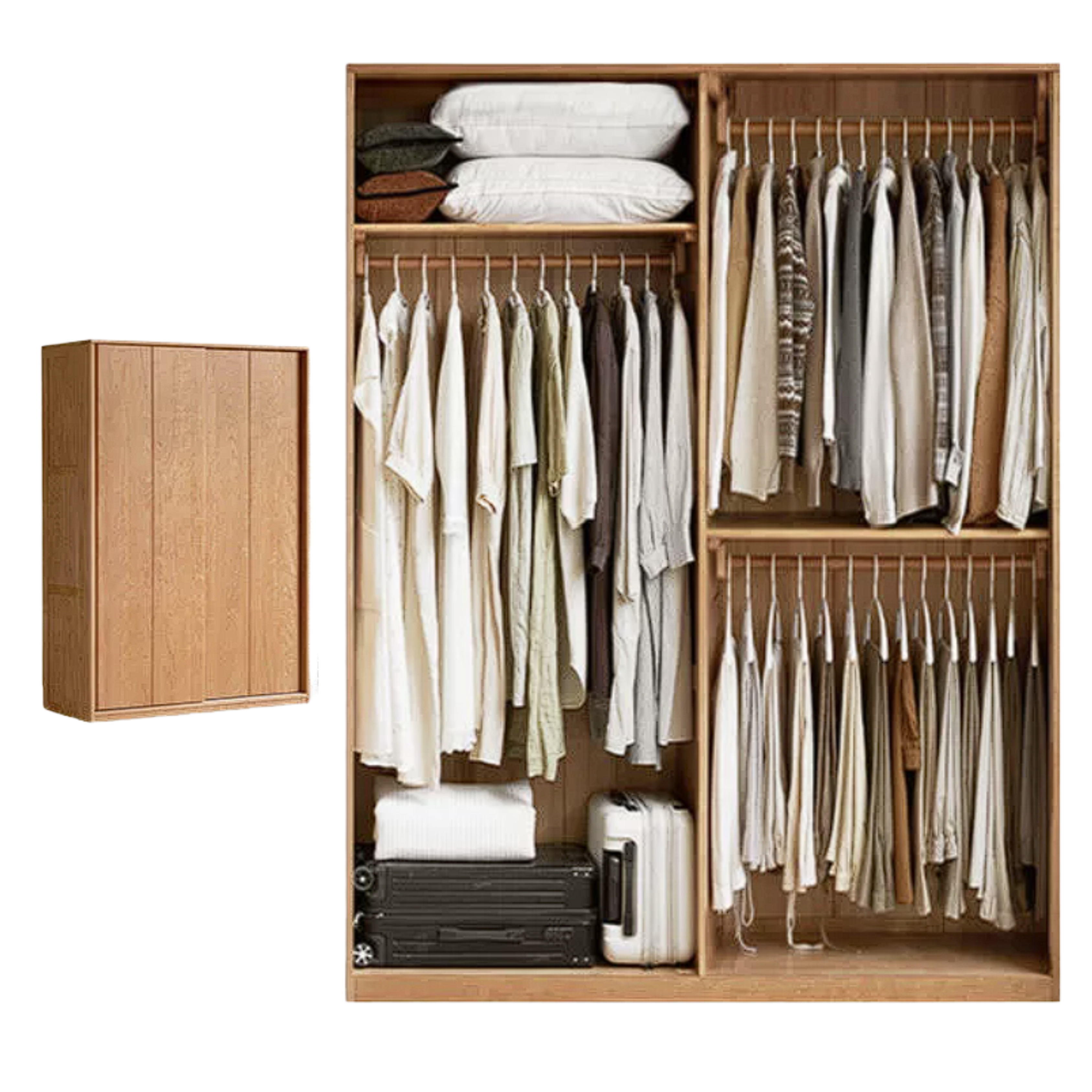 Cherry Wood Sliding Door Wardrobe Armoire with Hanging Rod and Shelves