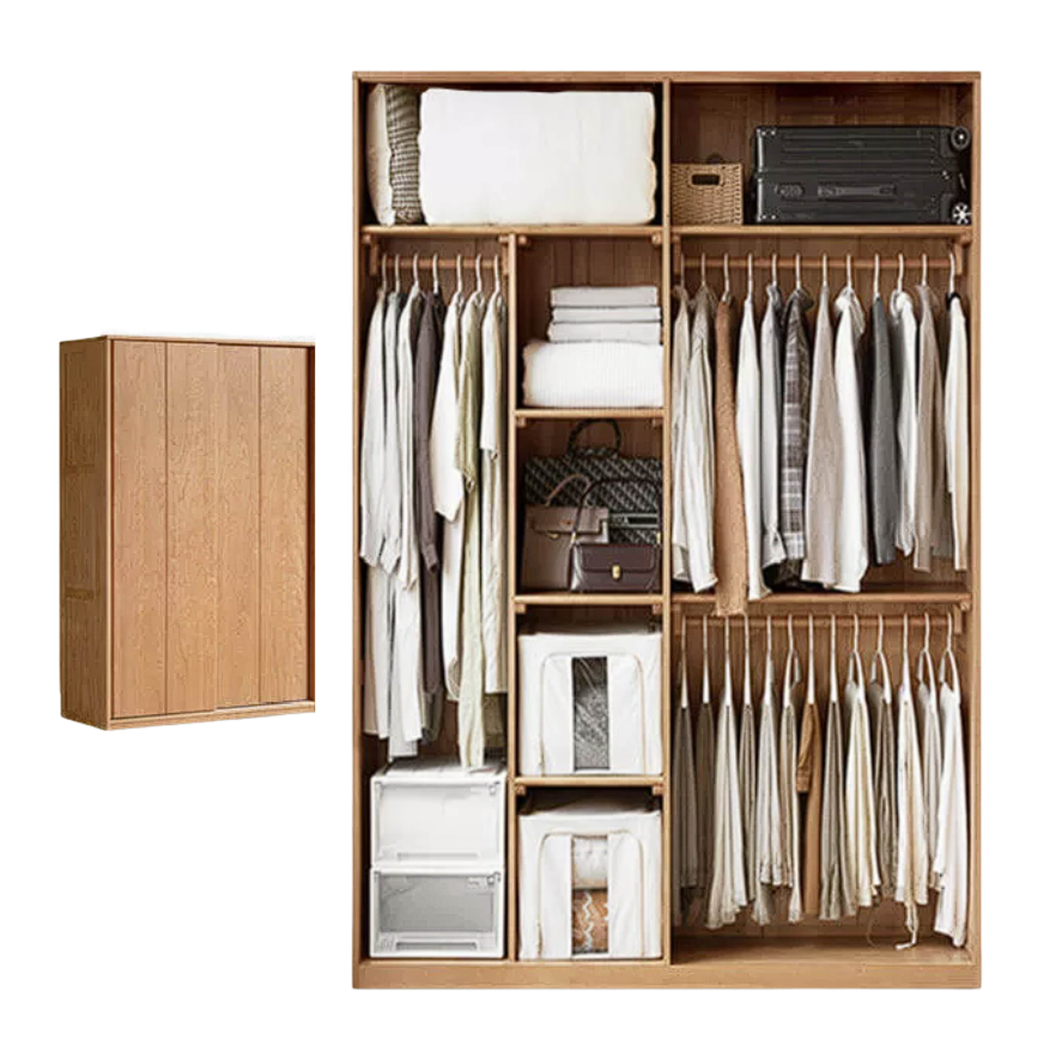 Cherry Wood Sliding Door Wardrobe Armoire with Hanging Rod and Shelves