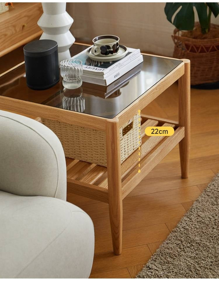 Oak Solid Wood Nordic Glass Coffee Table.