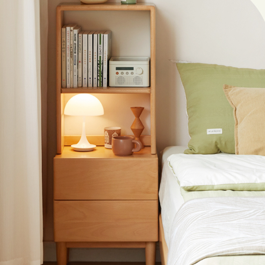 Beech Solid Wood Nightstand and Elevated Storage Rack, Bedside Bookshelf.