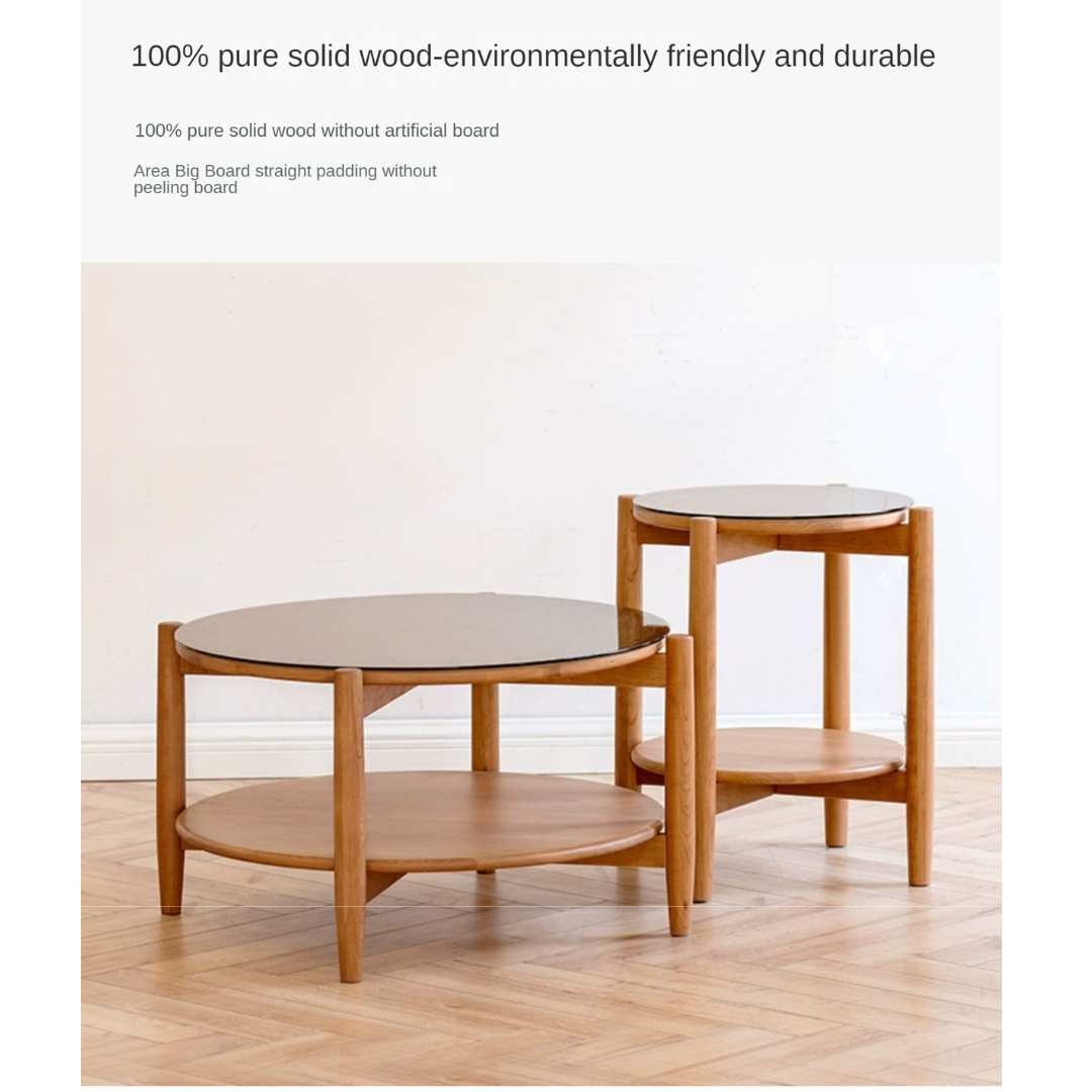 Cherry Wood Rattan Vine Weaving Glass Retro Coffee Table Combination