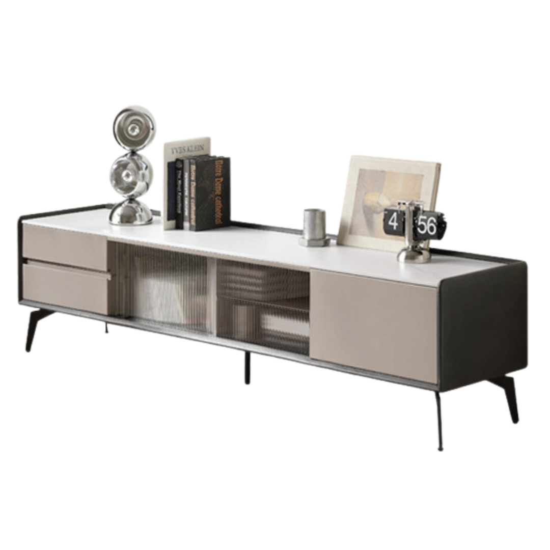 Oak Solid Wood Light Luxury Rock Slab Double Drawer TV Cabinet