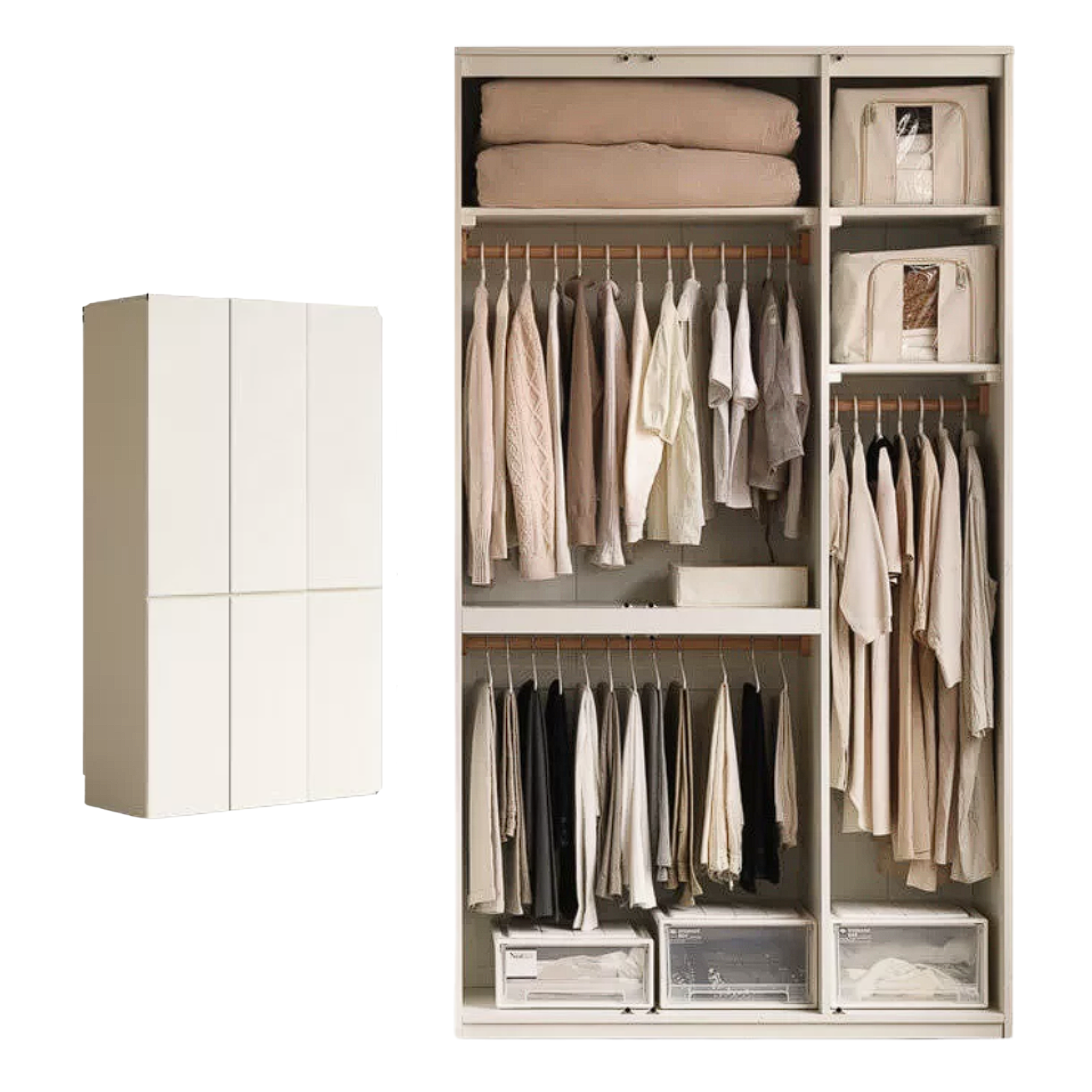 Pine Solid Wood Sectional Large Wardrobe Cream Style