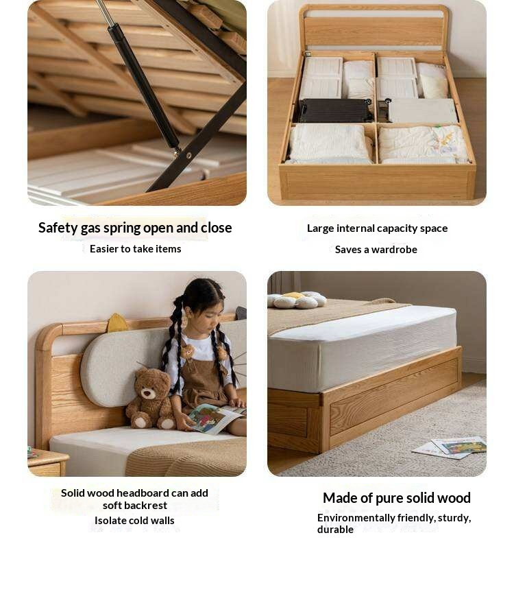 Oak, Rubberwood Solid Wood Storage Bed with Adjustable Height and Gas Lift