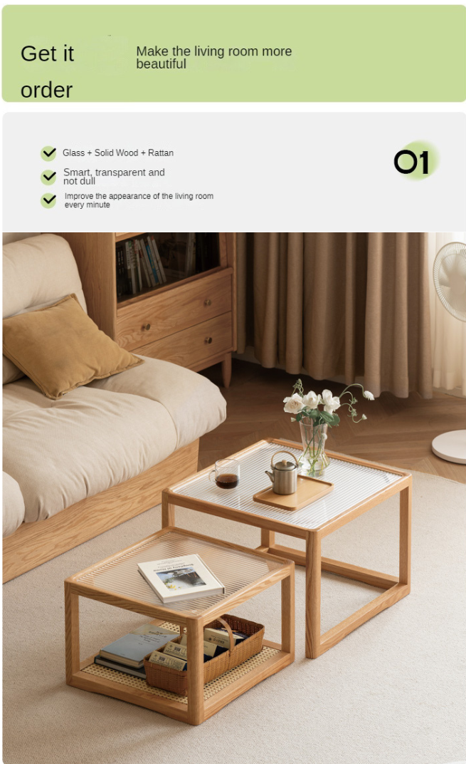 Oak, Beech Solid Wood, Glass Rattan Coffee Table