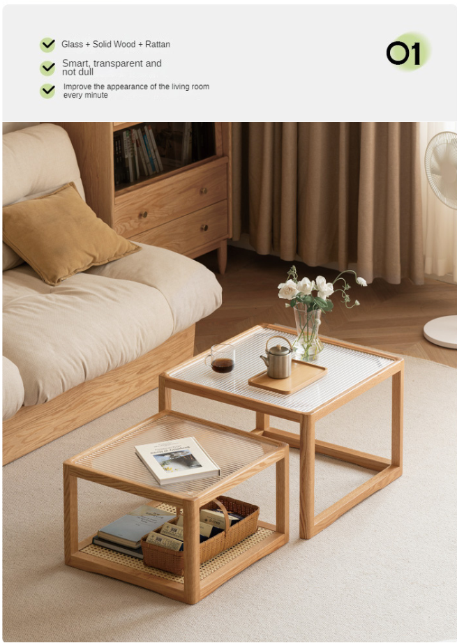 Oak, Beech Solid Wood, Glass Rattan Coffee Table