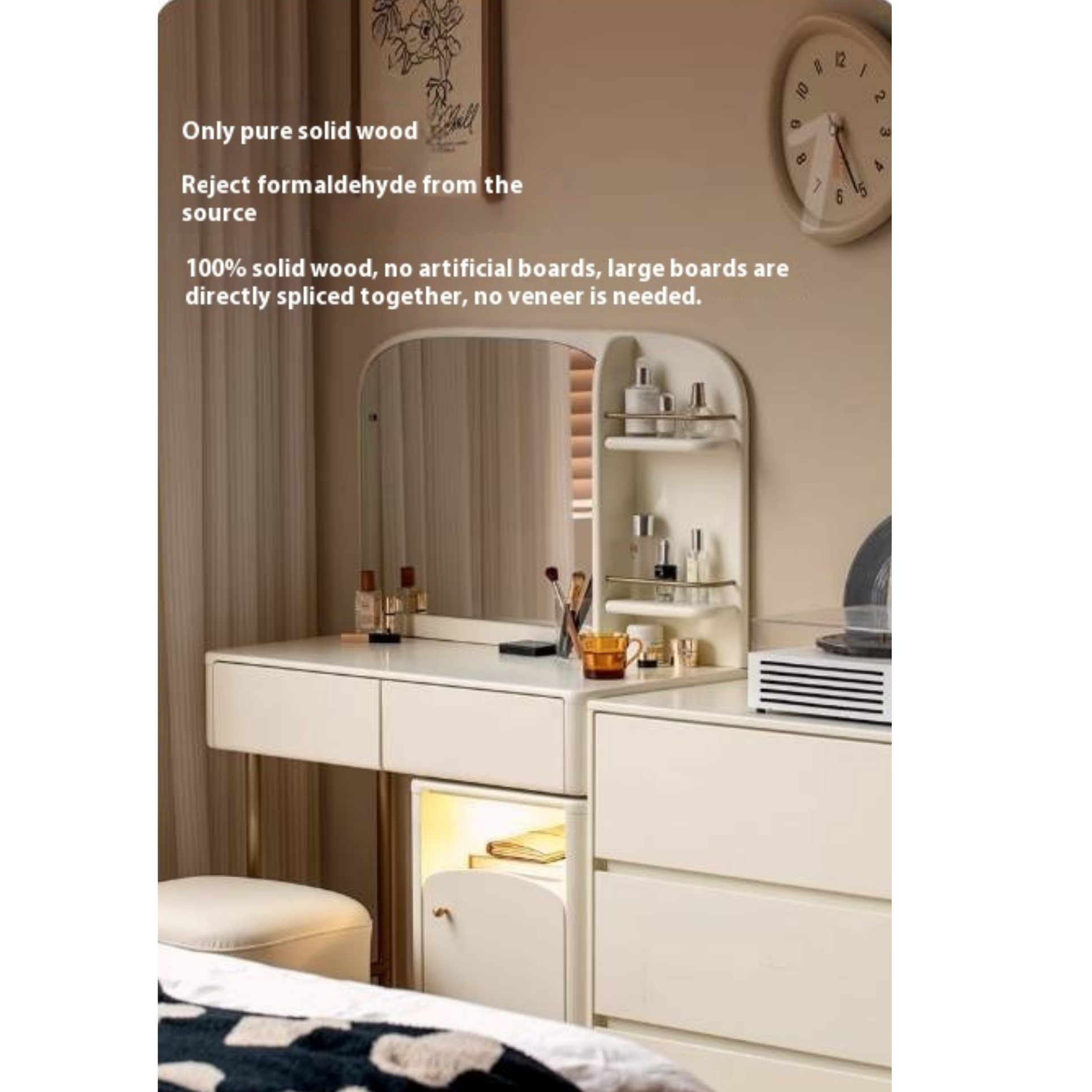 Poplar Solid Wood Dressing Table, Storage Cabinet Cream
