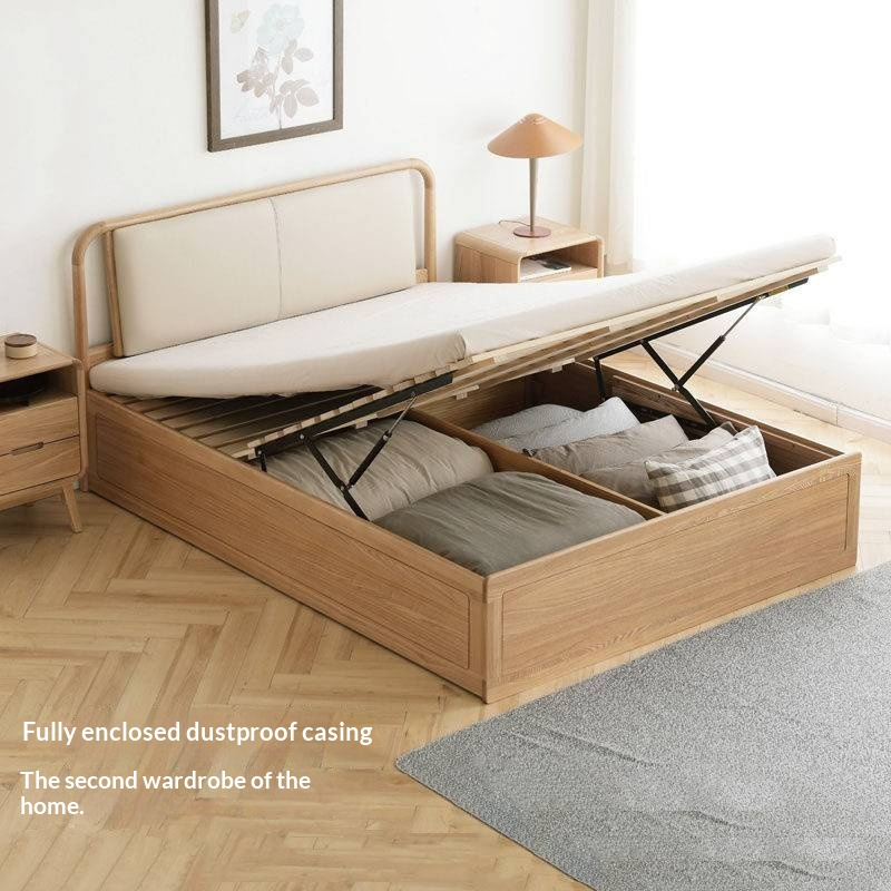 Ash Solid Wood Floor Bed — Modern Minimalist, High Box Design with Genuine Leather