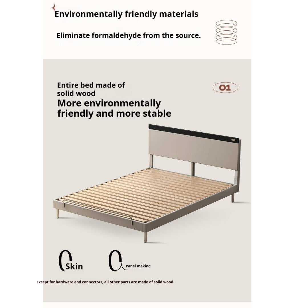Rubberwood Solid Wood Bauhaus Platform Bed with Adjustable Headboard and Stainless Steel Legs