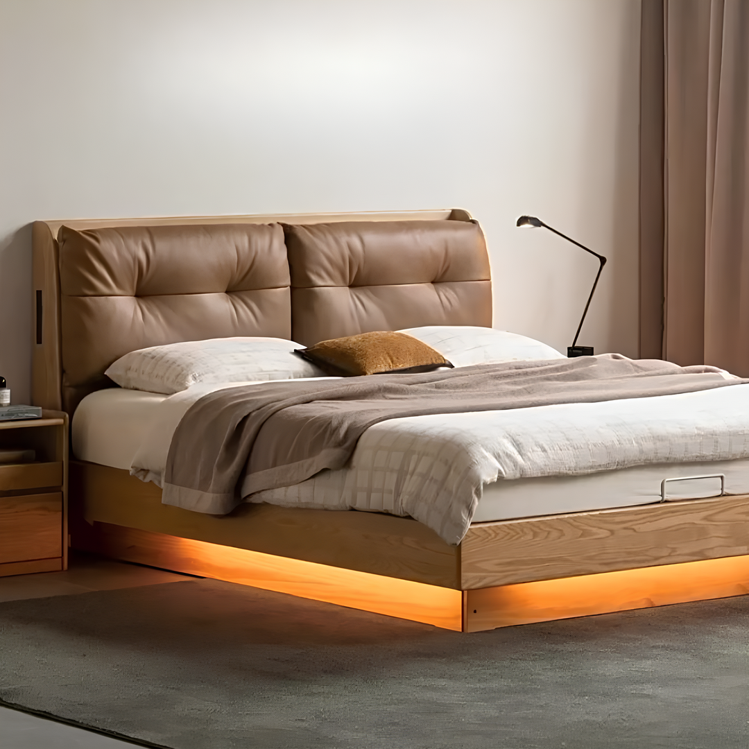 Ash Solid Wood Genuine Leather Upholstered Storage Bed with Electric Lift and LED Lighting