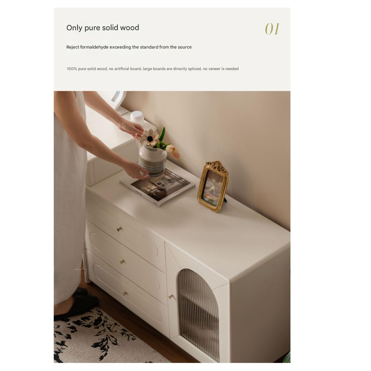 Solid Rubberwood White Cream Style Dressing Table.