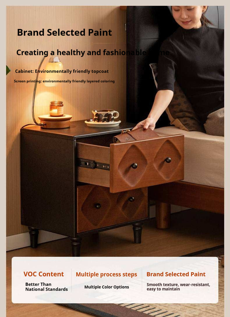 Solid RubberWood Nightstand Mid Century Two-Drawer Storage Cabinet