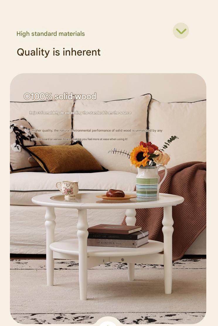 Rubber Solid Wood French Cream Style Glass Coffee Table