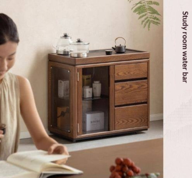 Ash Solid Wood Mobile Tea Cabinet Kettle Integrated