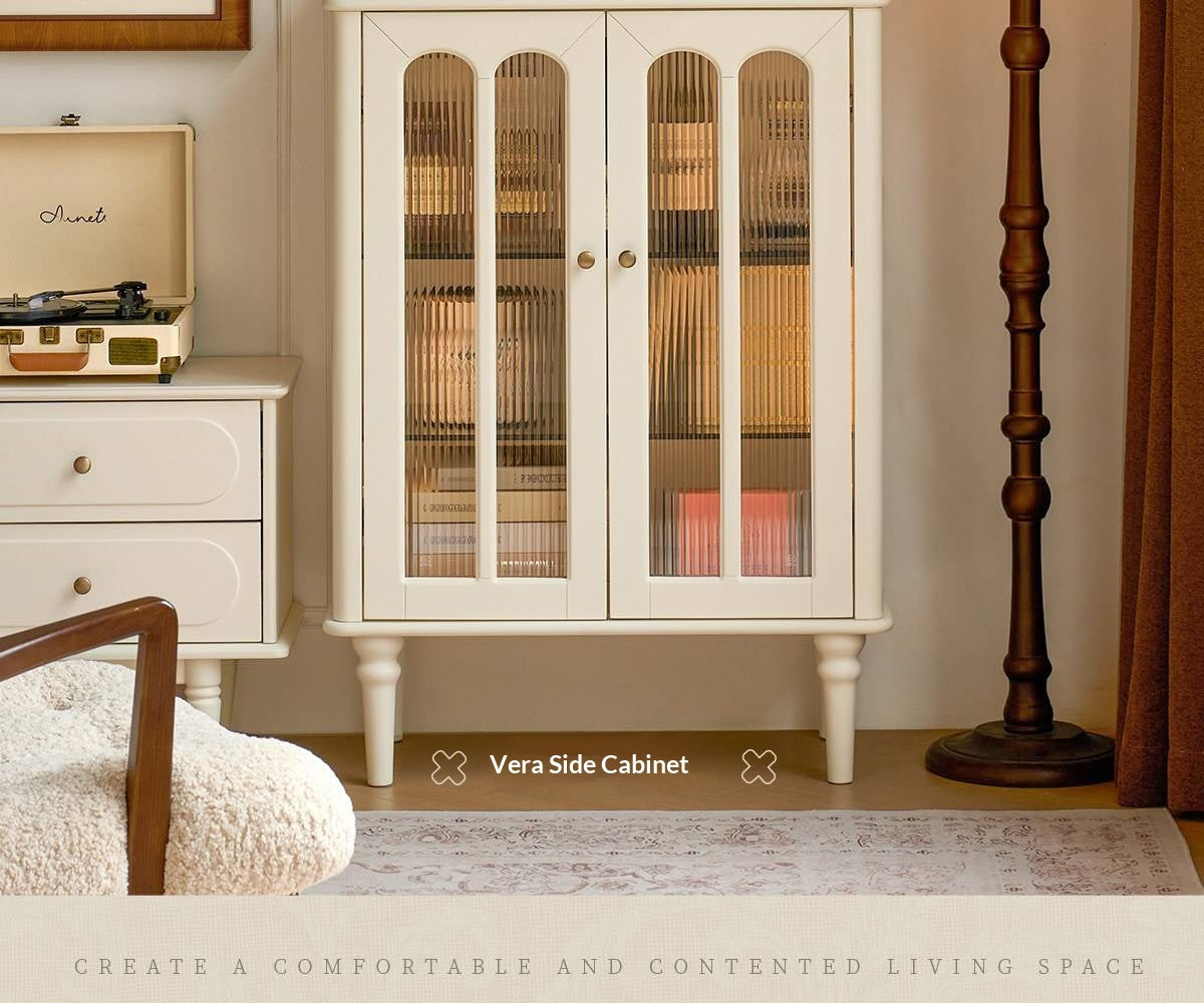 Solid RubberWood French Accent Cabinet with Round Arch Glass Doors and Turned Legs