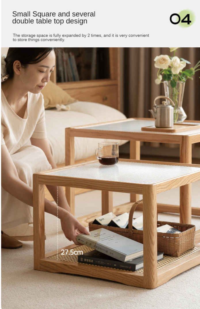 Oak, Beech Solid Wood, Glass Rattan Coffee Table