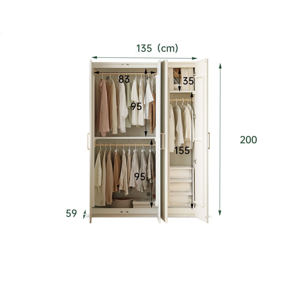 Pine Solid Wood Wardrobe French Cream Style.