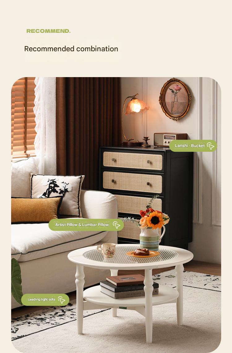 Rubber Solid Wood French Cream Style Glass Coffee Table