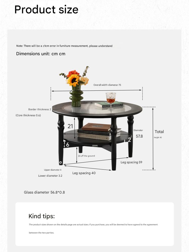 Rubber Solid Wood French Retro Glass Coffee Table.