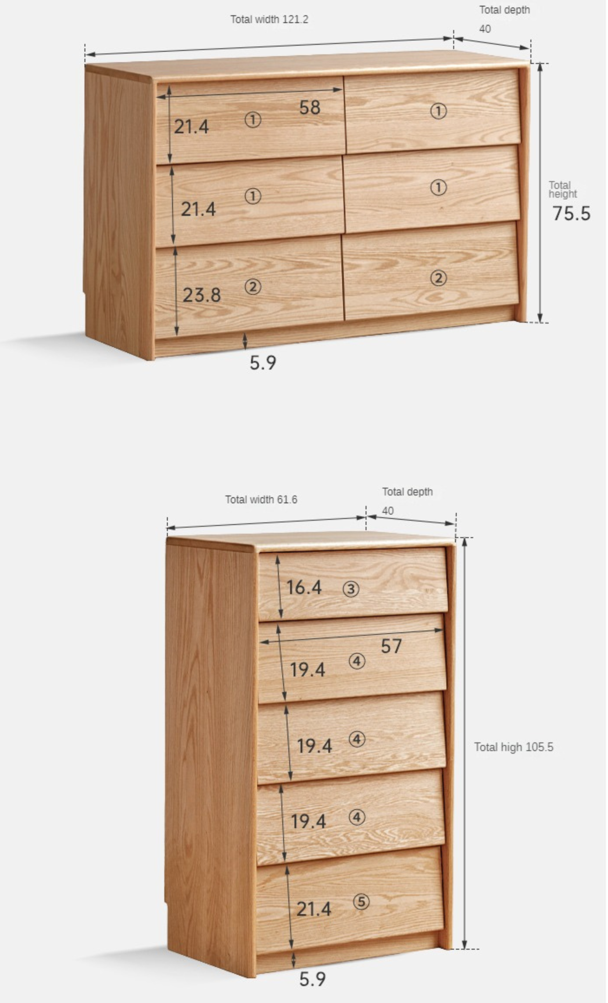 Ash, Oak Solid Wood Slanted Surface Chest of Drawers