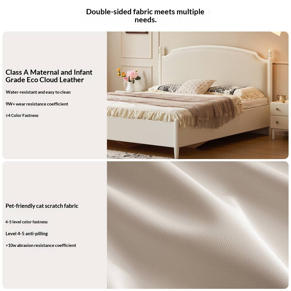 Rubberwood Solid Wood French Cream Storage Bed with Upholstered Headboard
