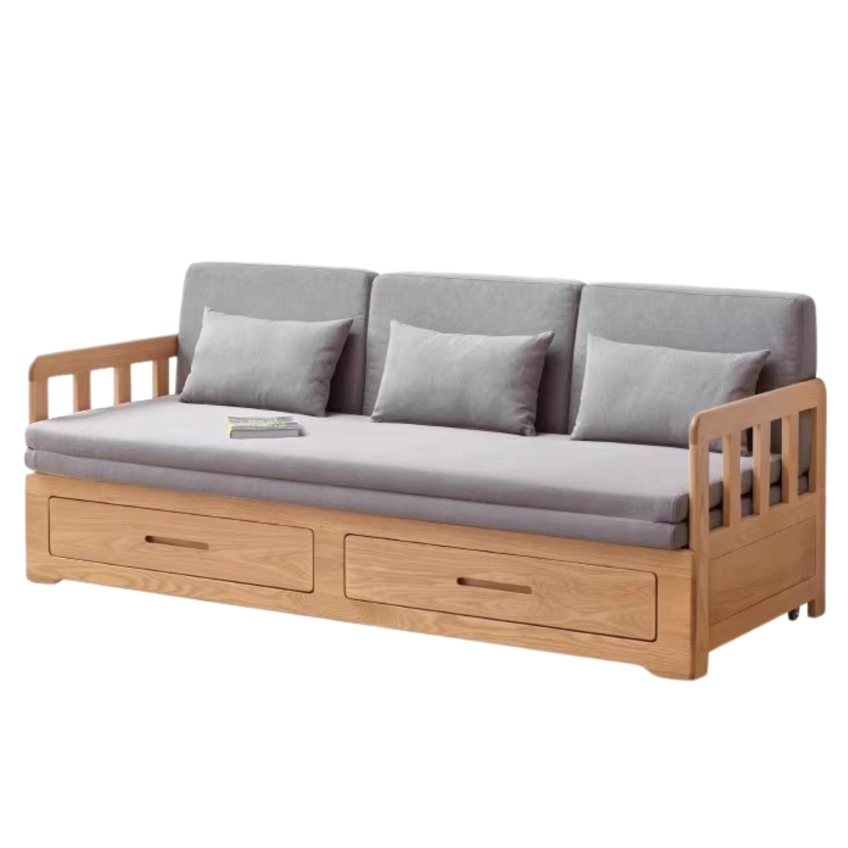 Oak Solid Wood Sofa Bed Folding Retractable Storage.