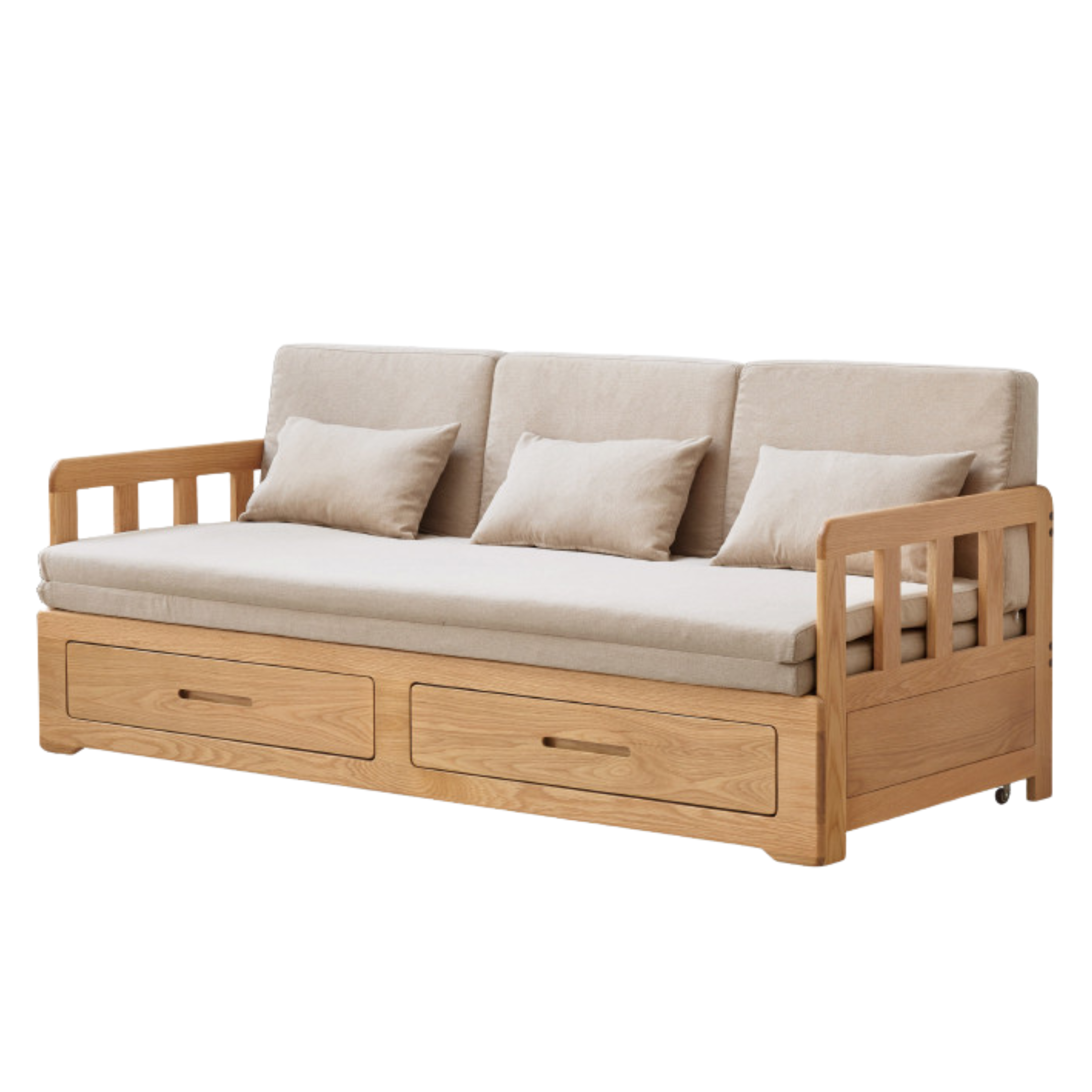 Oak Solid Wood Sofa Bed Folding Retractable Storage.