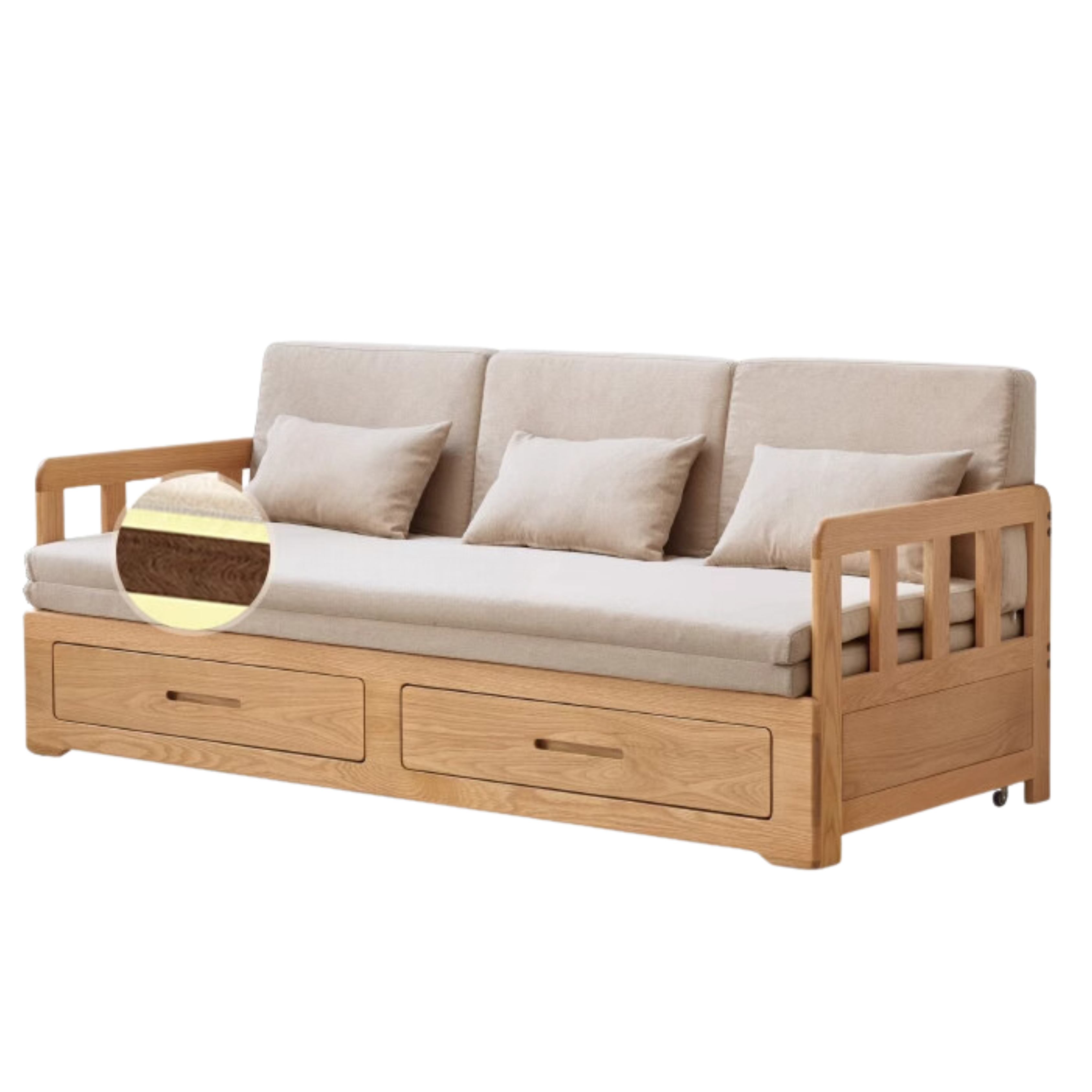 Oak Solid Wood Sofa Bed Folding Retractable Storage.