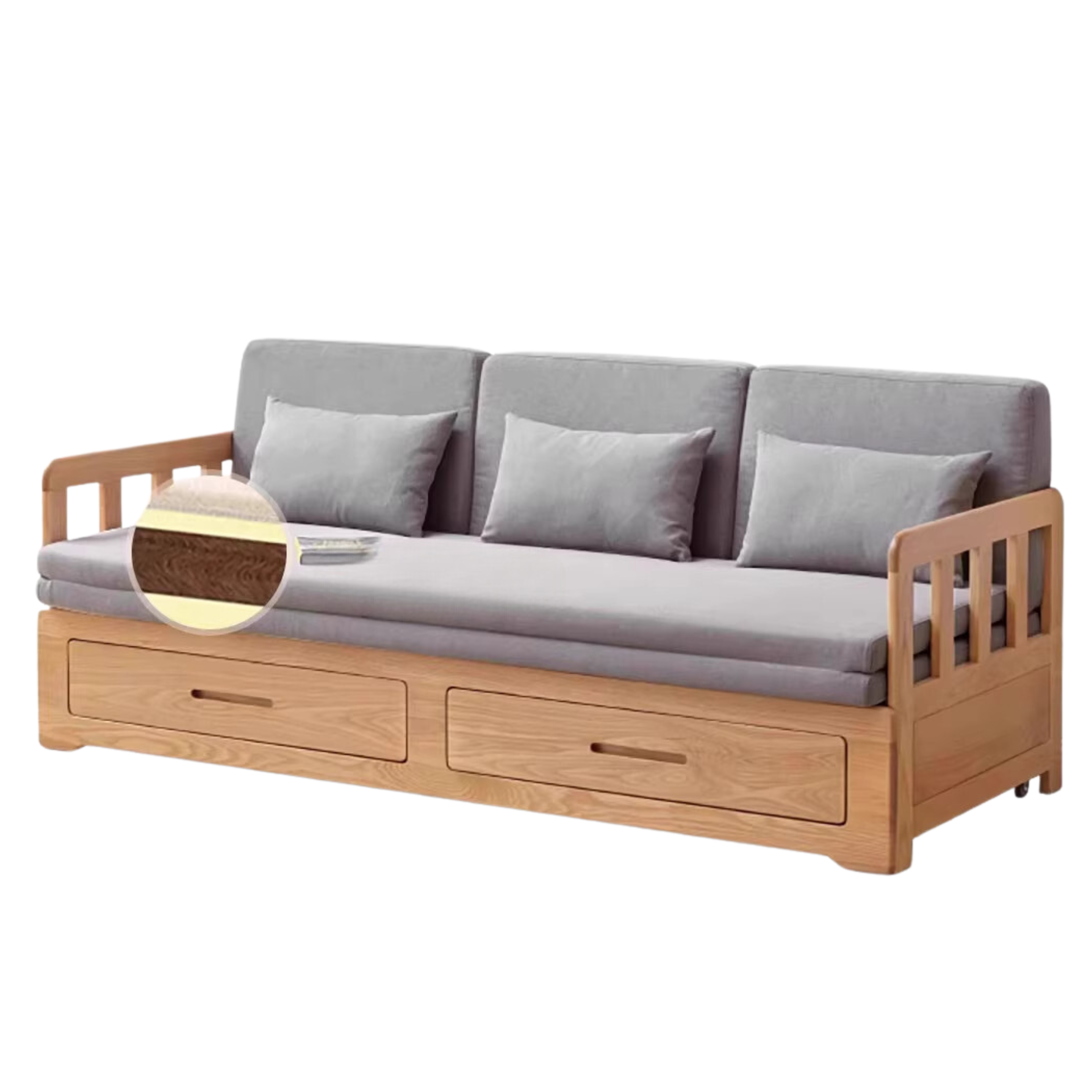 Oak Solid Wood Sofa Bed Folding Retractable Storage.