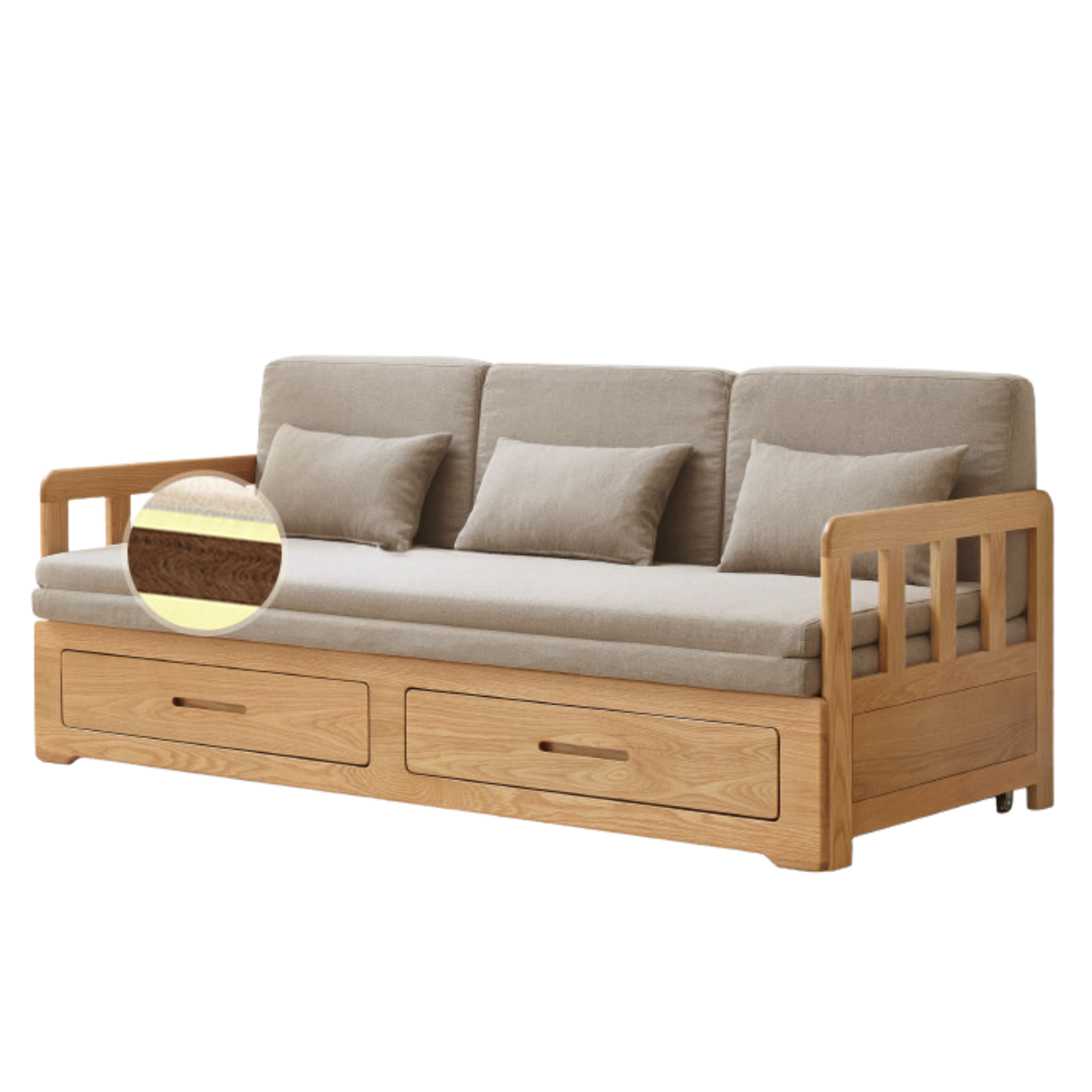 Oak Solid Wood Sofa Bed Folding Retractable Storage.