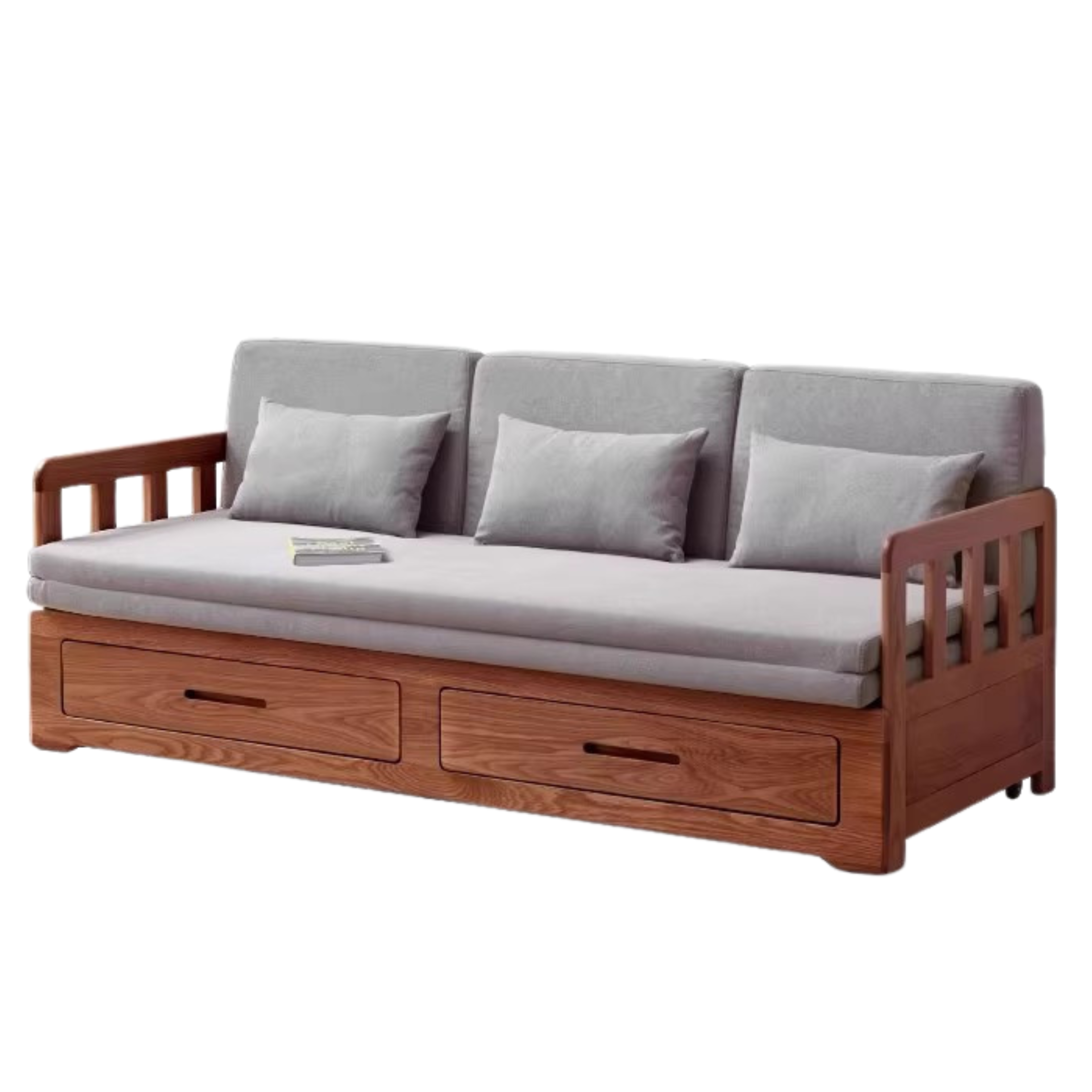 Oak Solid Wood Sofa Bed Folding Retractable Storage.
