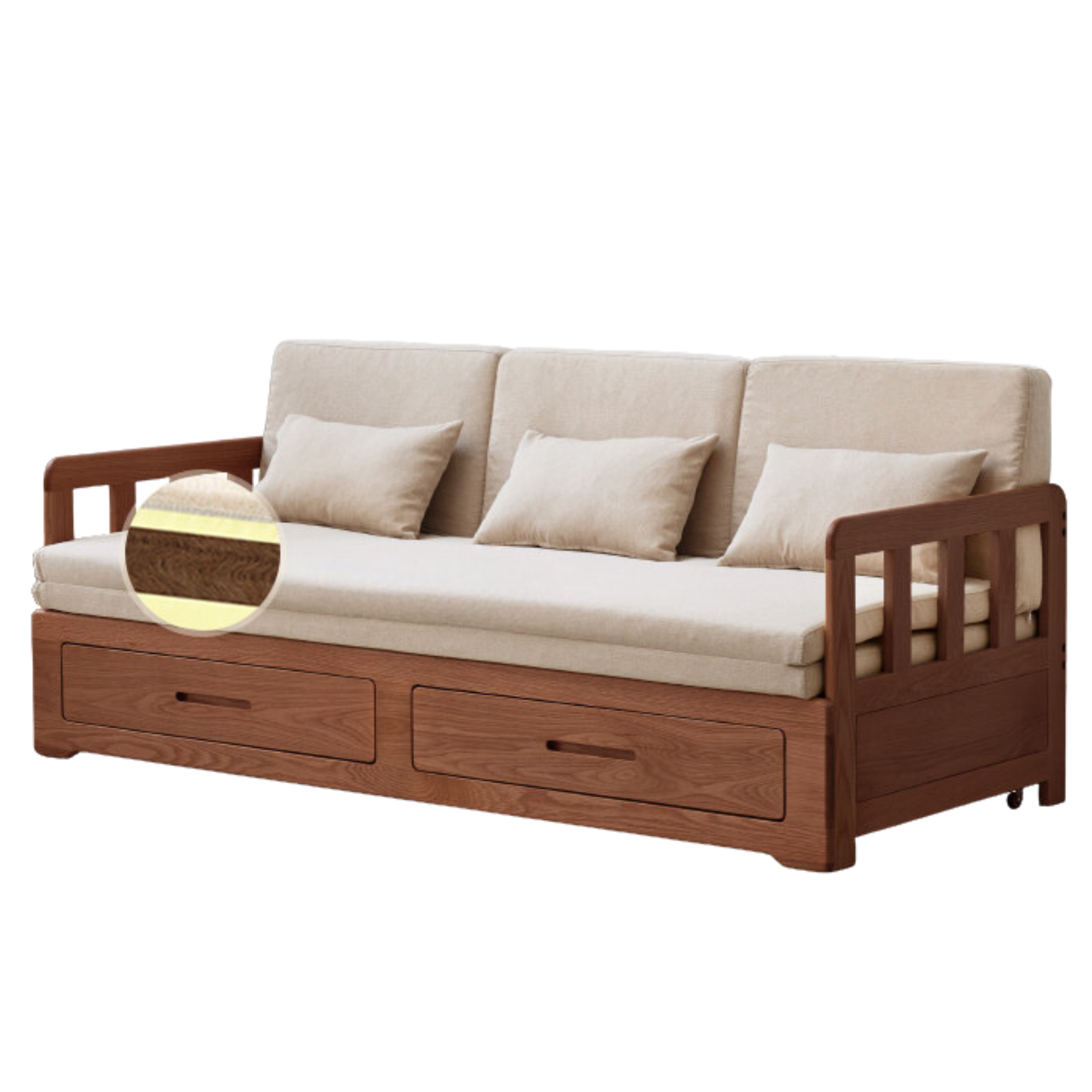 Oak Solid Wood Sofa Bed Folding Retractable Storage.