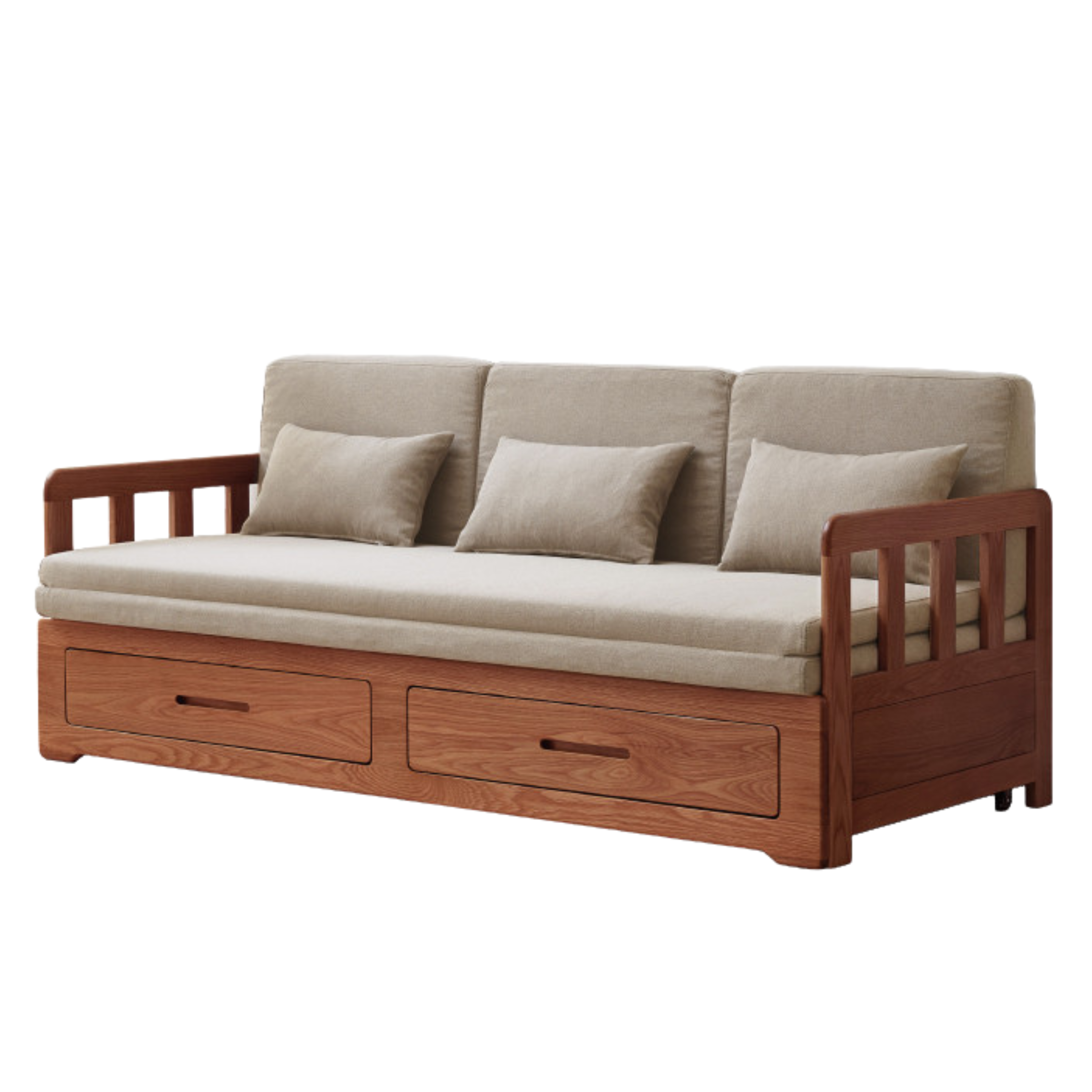 Oak Solid Wood Sofa Bed Folding Retractable Storage.