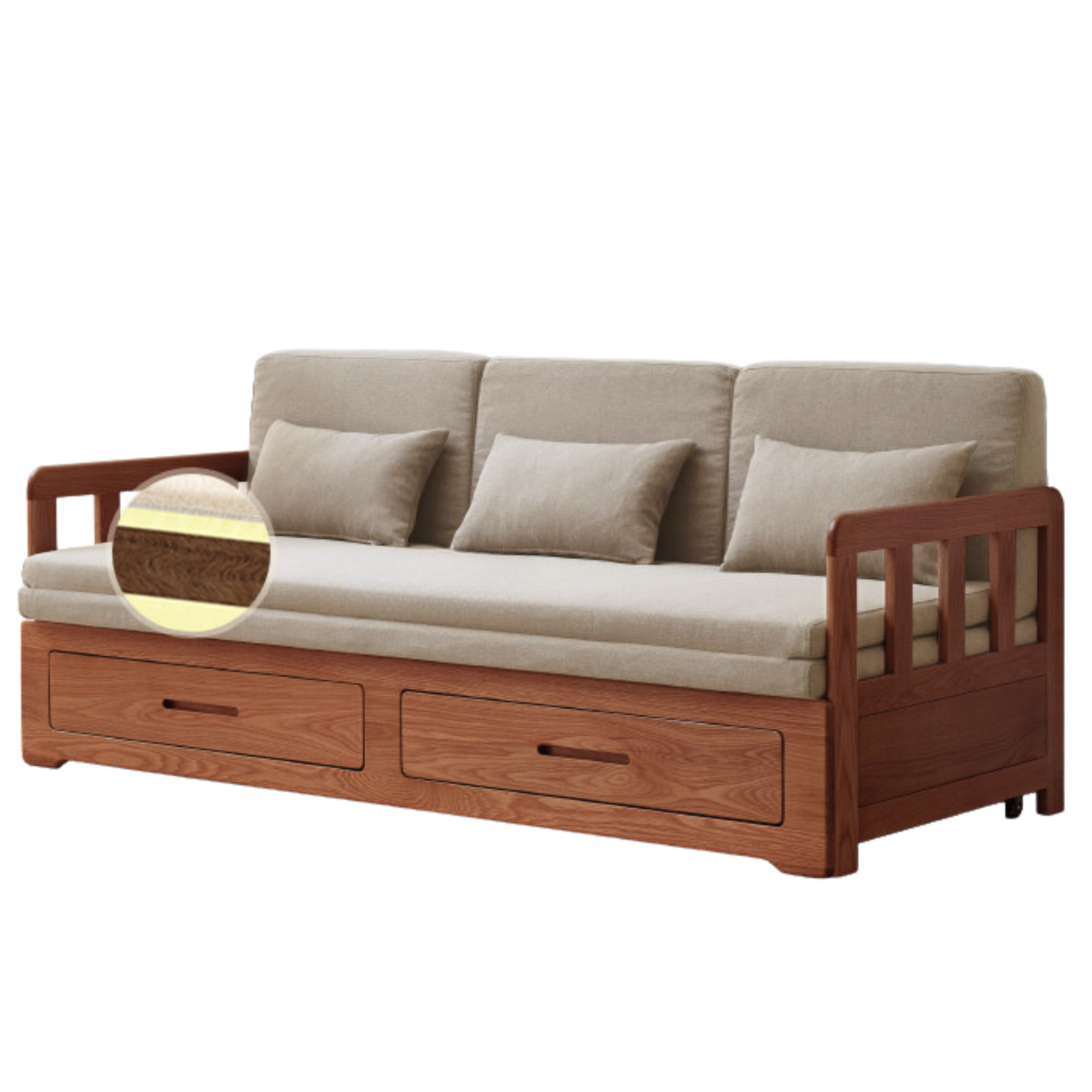 Oak Solid Wood Sofa Bed Folding Retractable Storage.