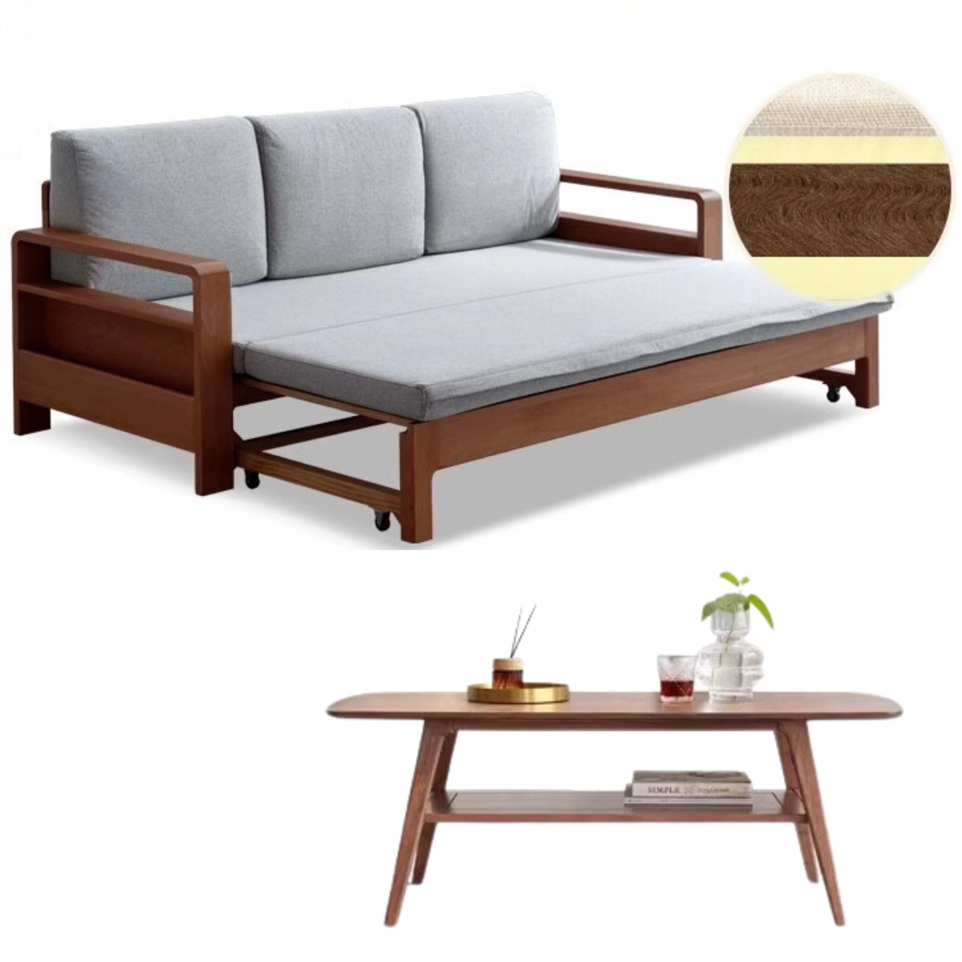Oak, Beech Solid Wood Sleeper Sofa: