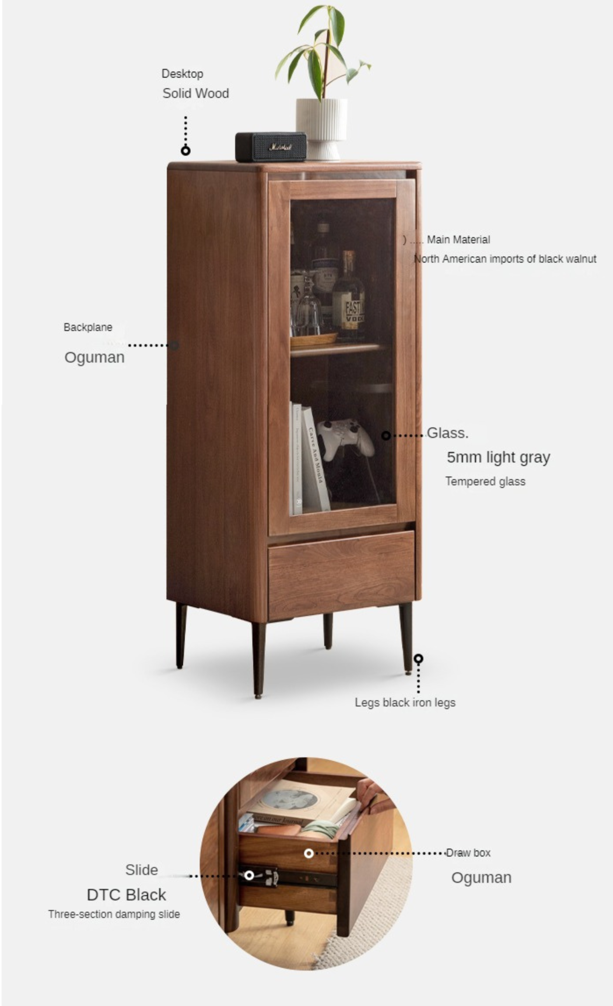 Black Walnut Solid Wood Rock Side Cabinet.