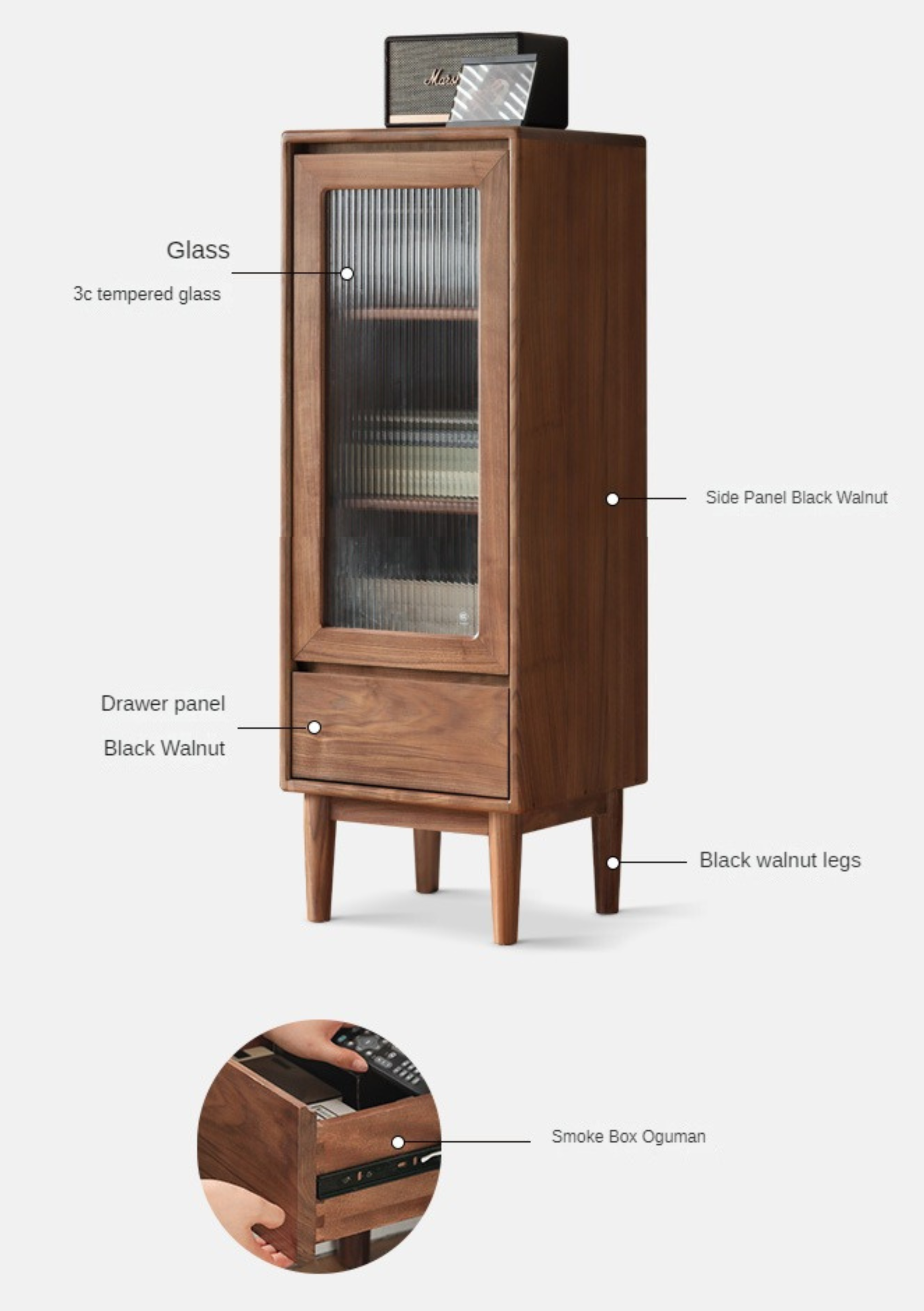 Black Walnut, Sandalwood Side Cabinet Narrow Vintage Storage
