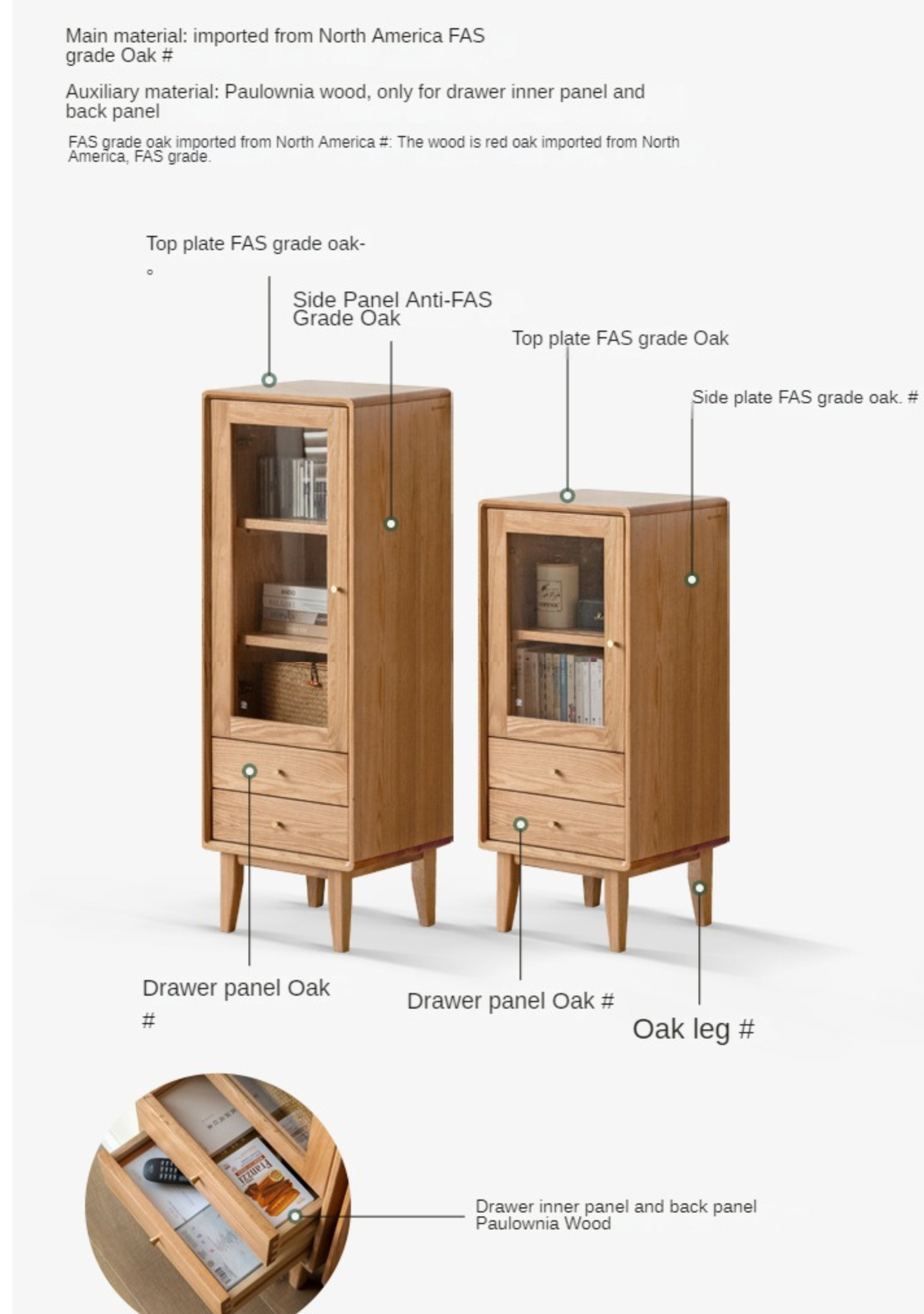Oak, Beech Solid Wood Nordic Side Cabinet.