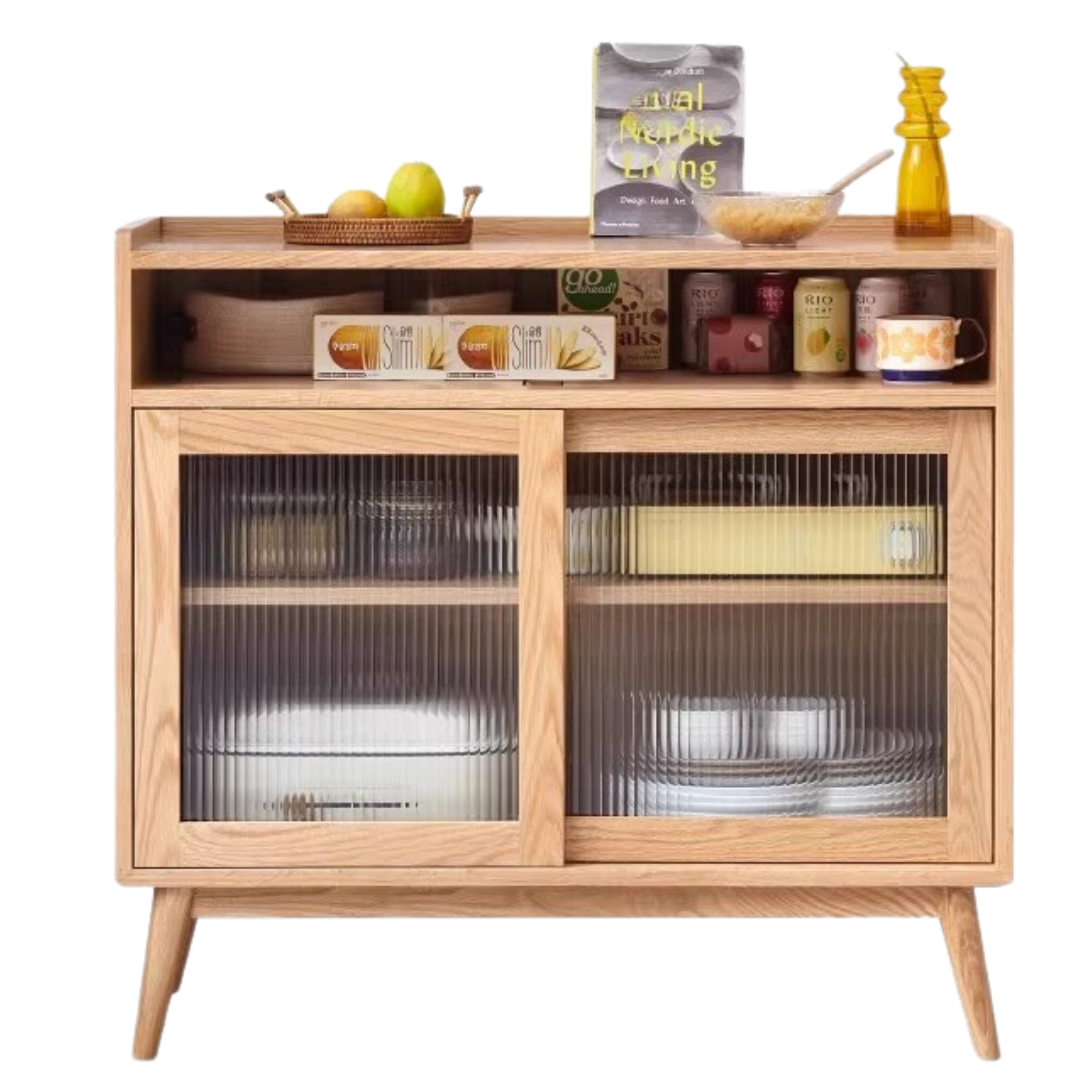 Oak Solid Wood, Solid RubberWood Sideboard Sliding Doors