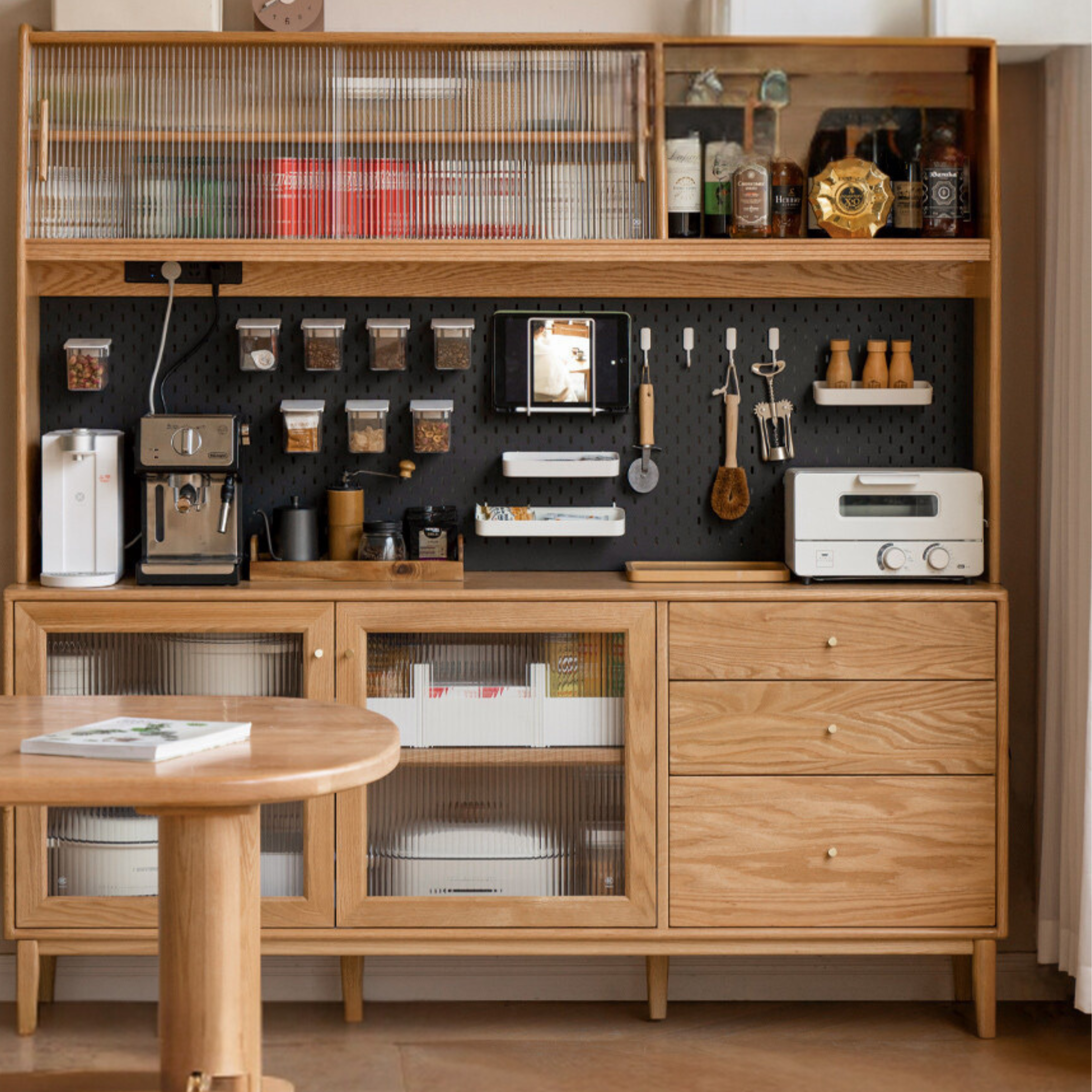 Oak Solid Wood, Solid RubberWood Nordic Sideboard Cabinet