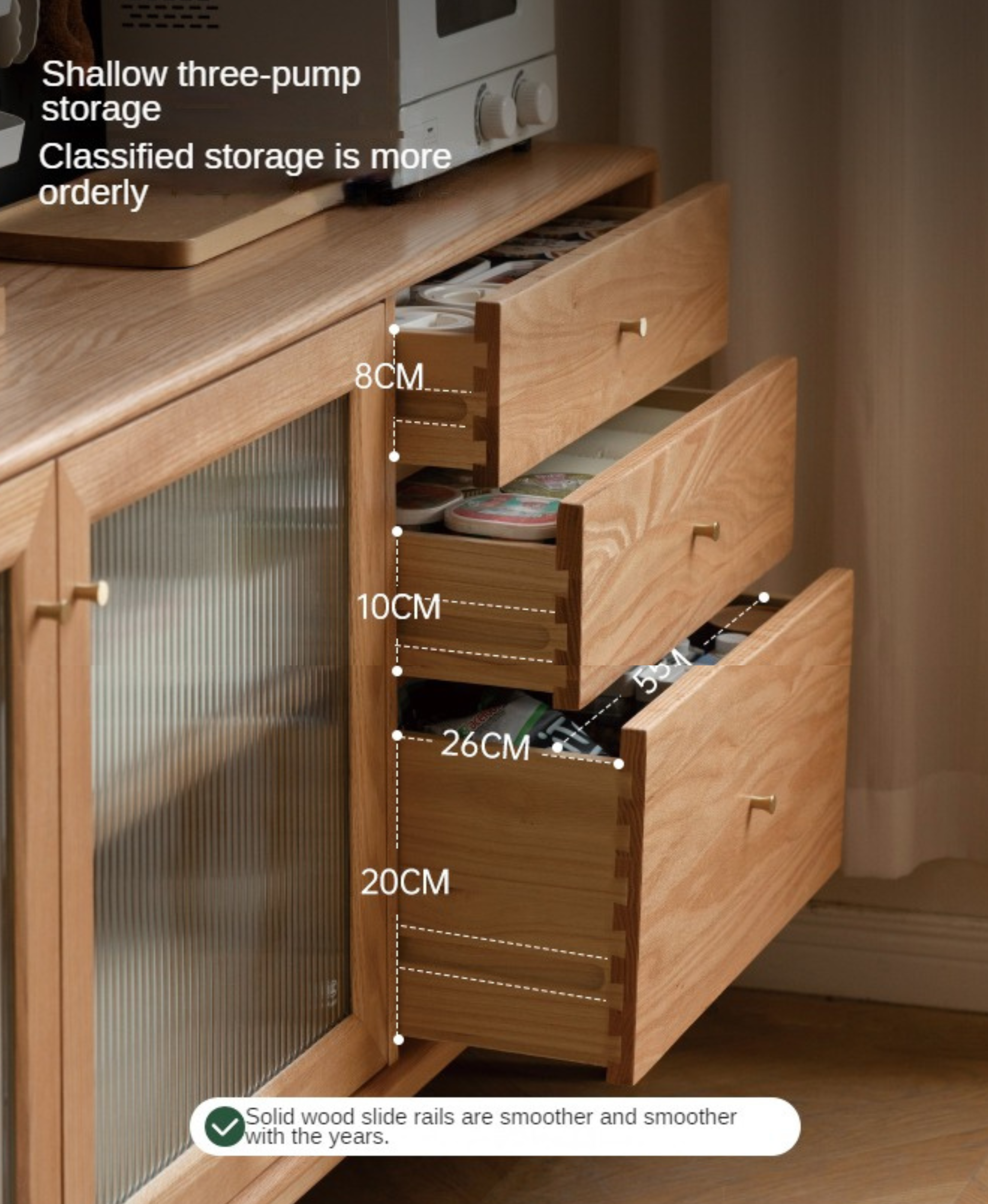 Oak Solid Wood, Solid RubberWood Nordic Sideboard Cabinet