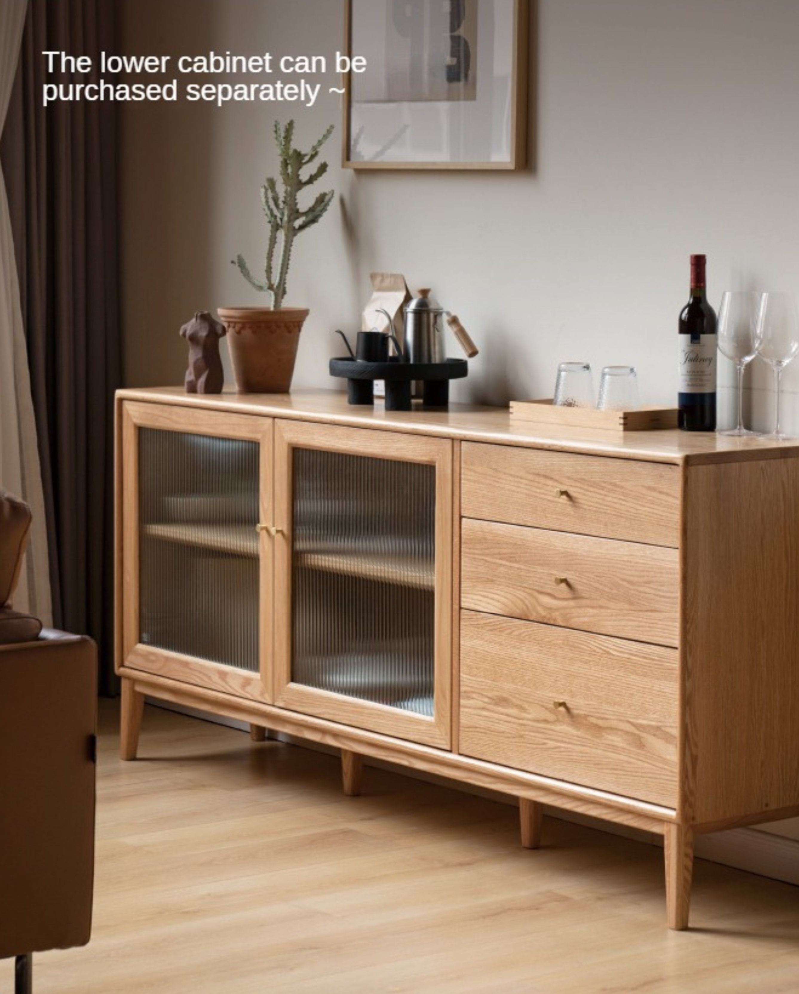 Oak Solid Wood, Solid RubberWood Nordic Sideboard Cabinet