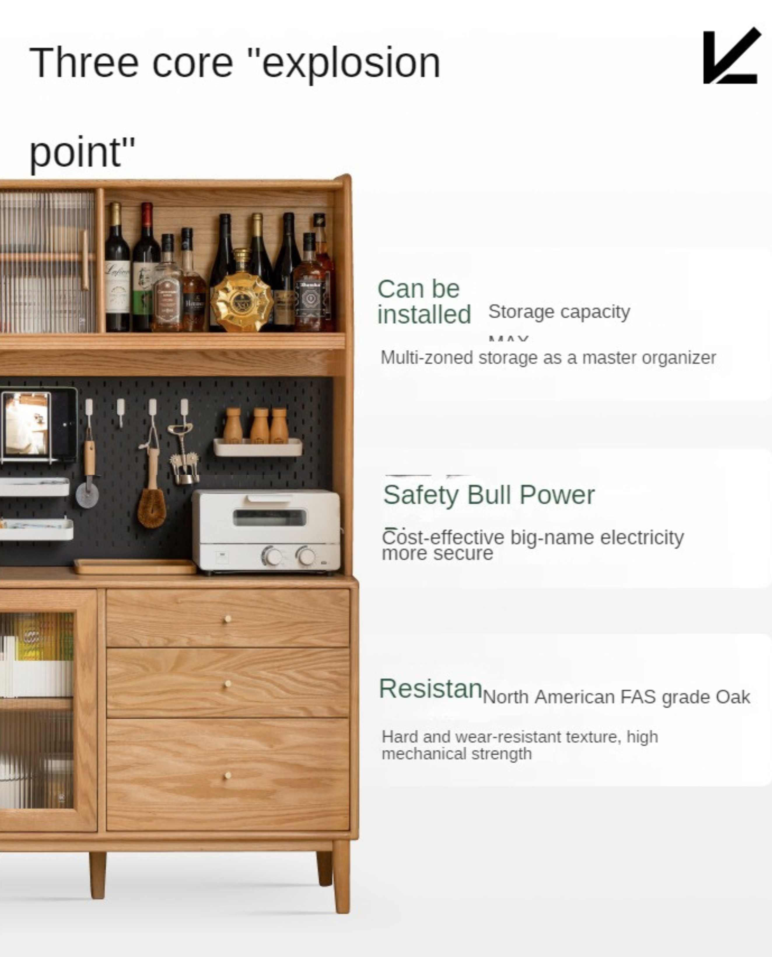 Oak Solid Wood, Solid RubberWood Nordic Sideboard Cabinet