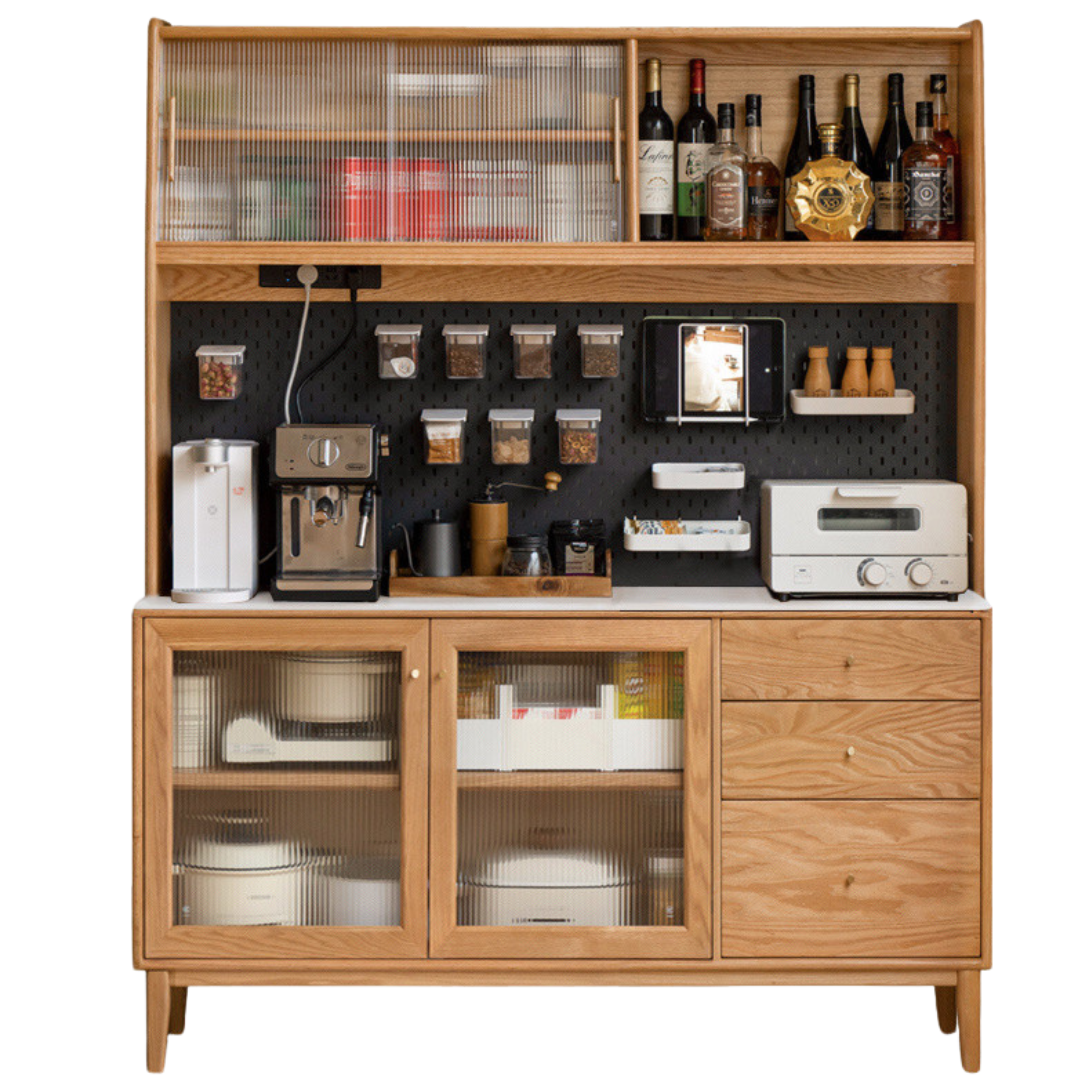 Oak Solid Wood, Solid RubberWood Nordic Sideboard Cabinet