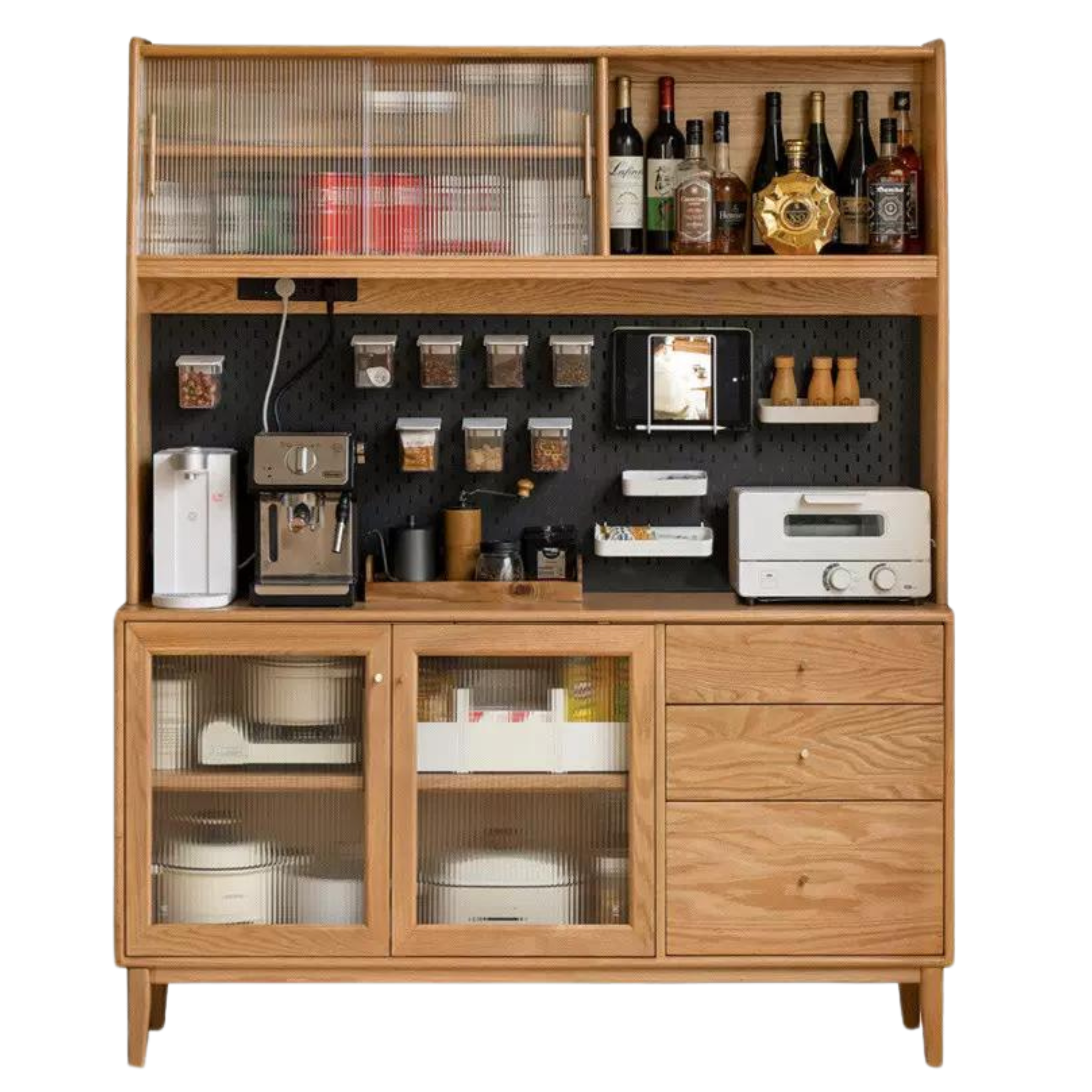 Oak Solid Wood, Solid RubberWood Nordic Sideboard Cabinet