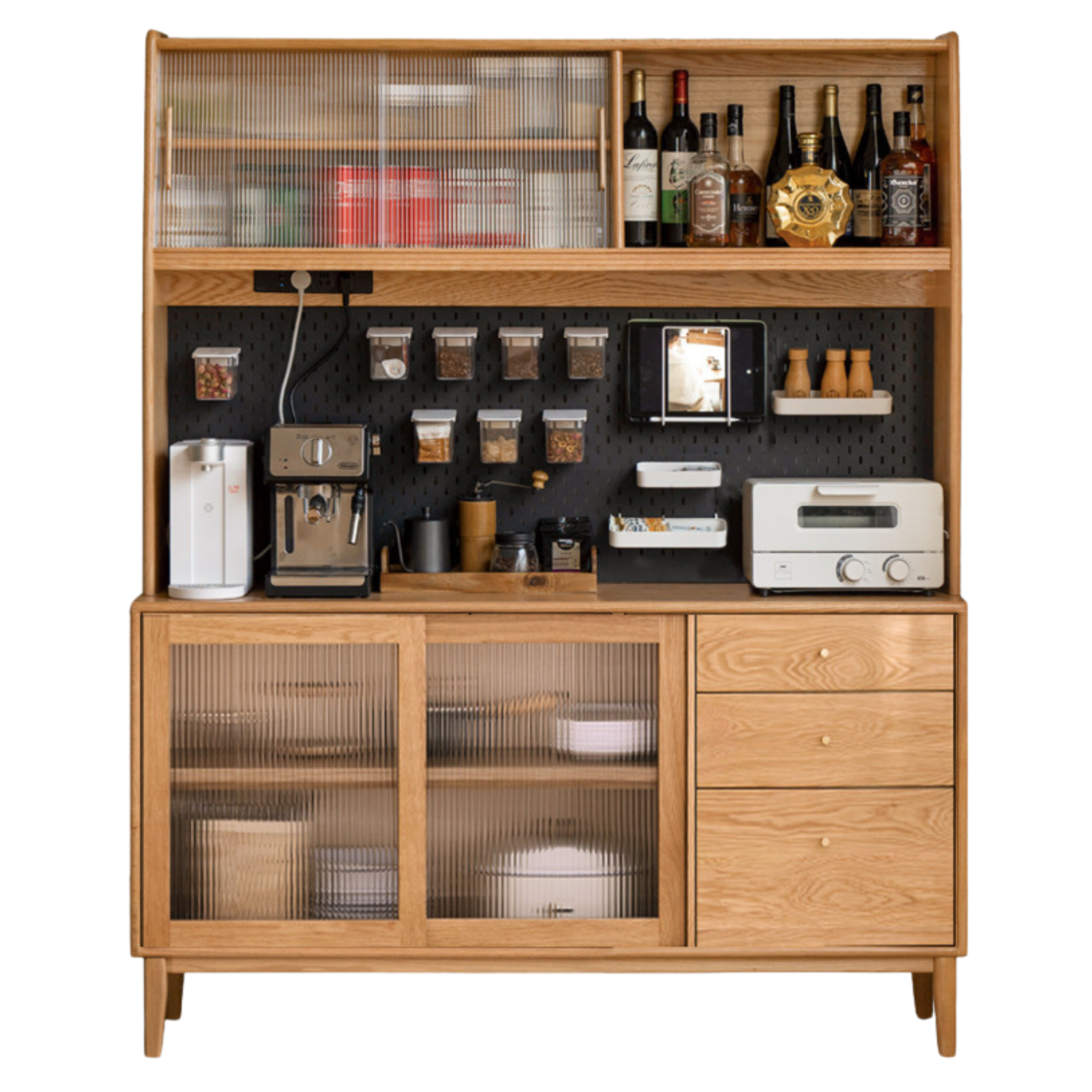 Oak Solid Wood, Solid RubberWood Nordic Sideboard Cabinet